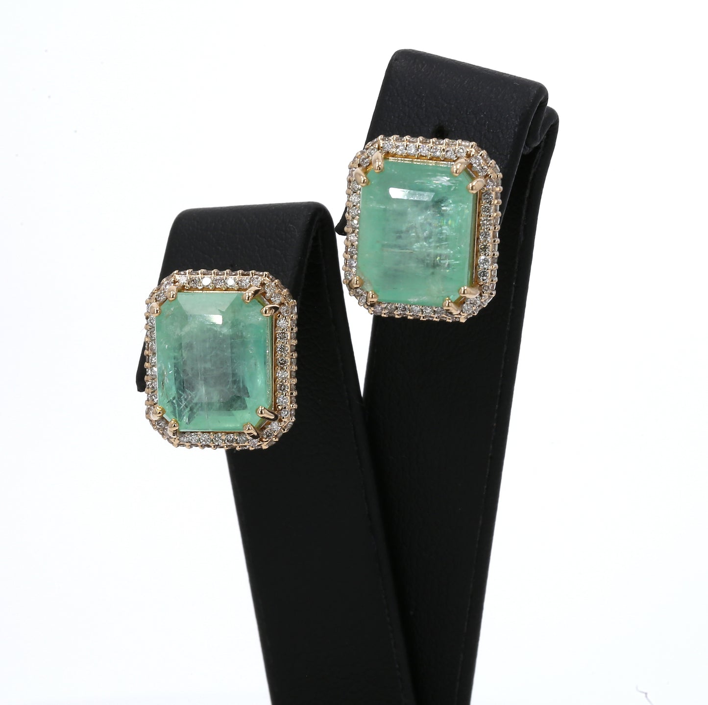 Colombian Emerald Earrings (1 pair): 15.3 ct tw Emeralds, 1.18 ct tw Diamonds, 14K Yellow Gold