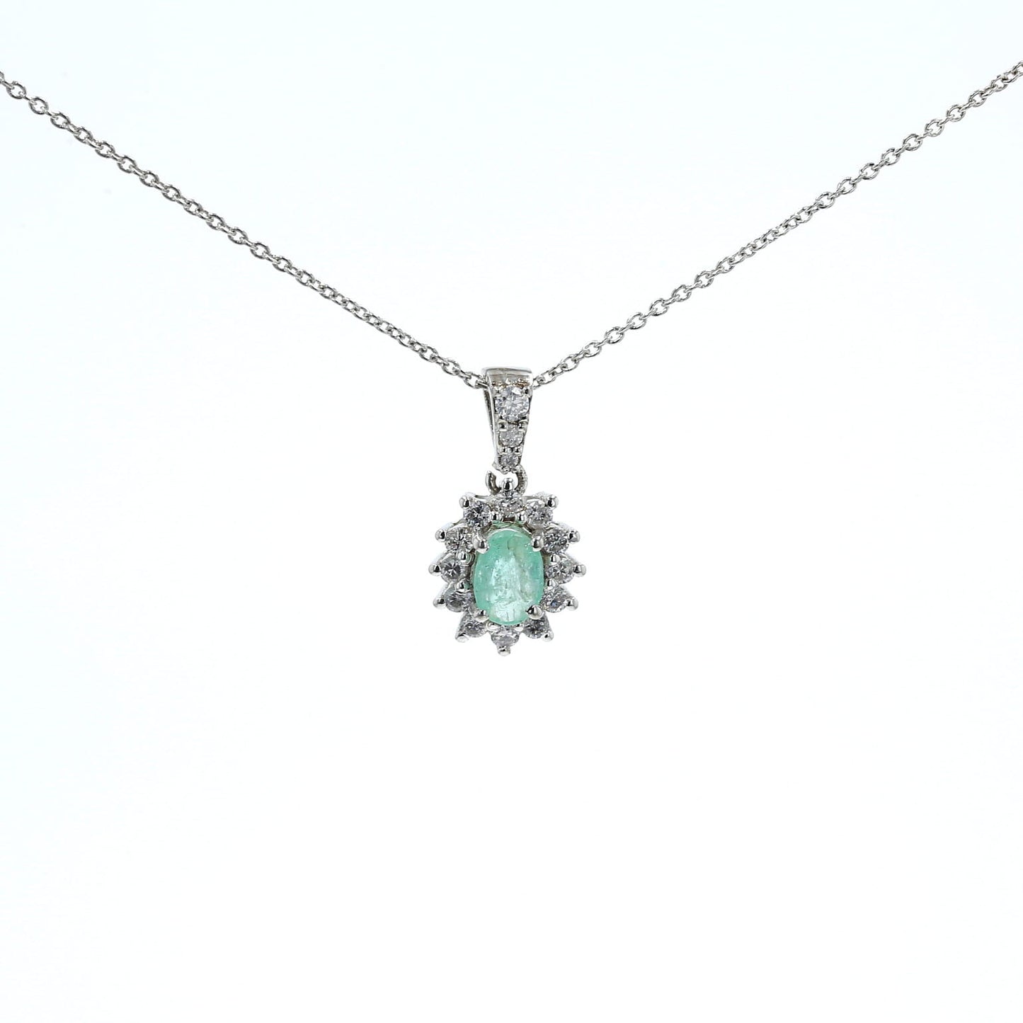 Colombian Emerald Pendant: 0.5 ct tw Emeralds, 0.65 ct tw Diamonds, 14K White Gold