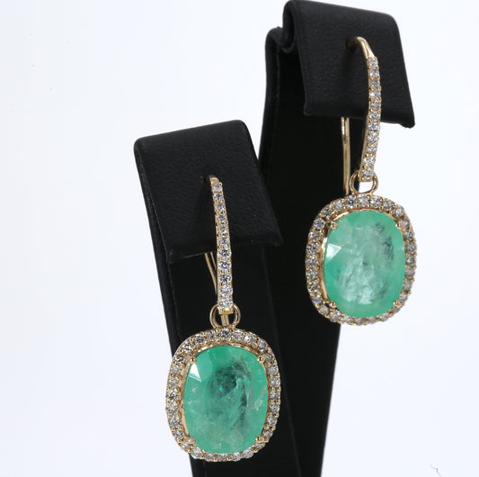 Colombian Emerald Earrings (1 pair): 14.31 ct tw Emeralds, 1.25 ct tw Diamonds, 14K Yellow Gold