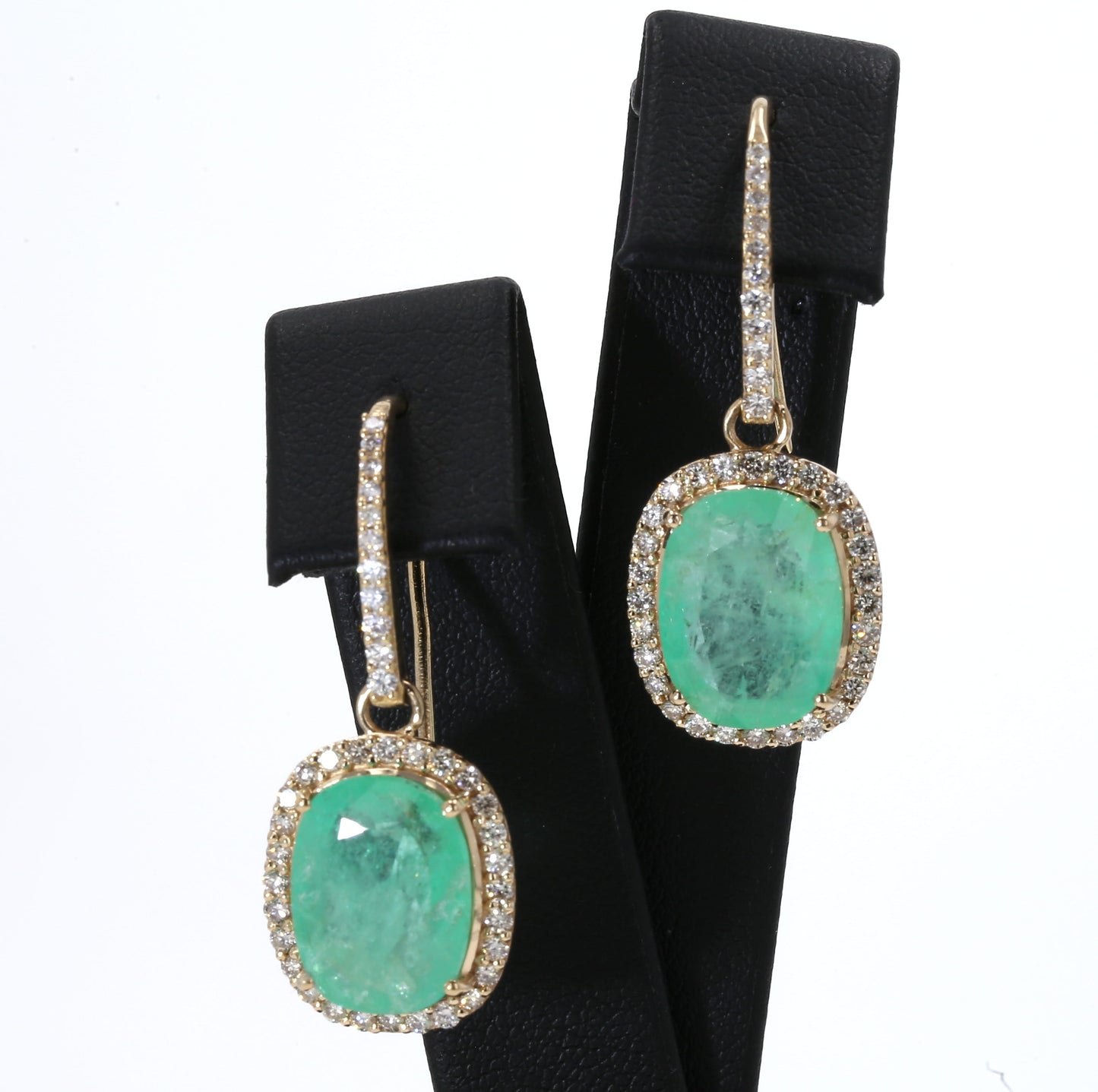 Colombian Emerald Earrings (1 pair): 14.31 ct tw Emeralds, 1.25 ct tw Diamonds, 14K Yellow Gold