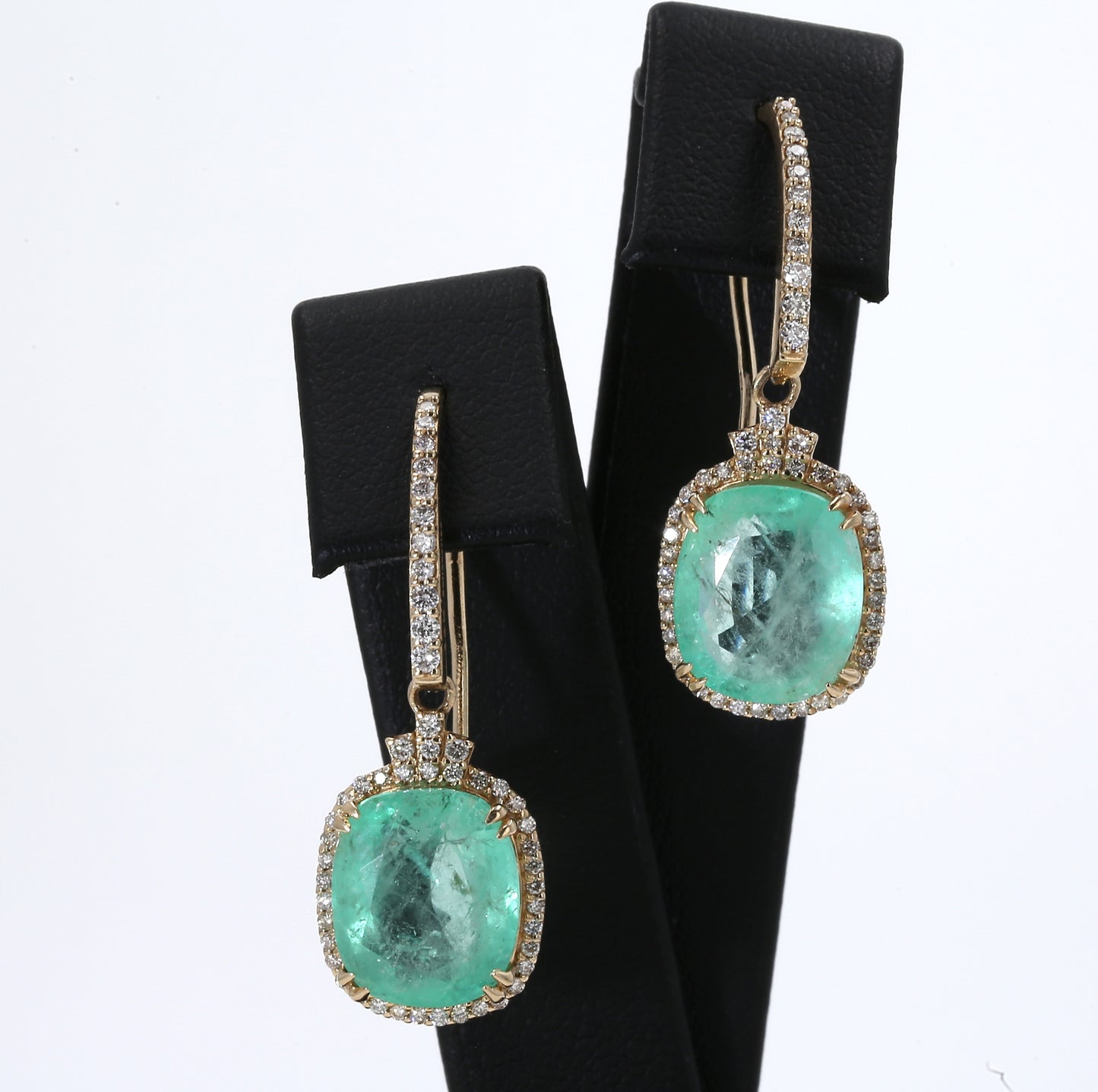 Colombian Emerald Earrings (1 pair): 12.5 ct tw Emeralds, 1.4 ct tw Diamonds, 14K Yellow Gold