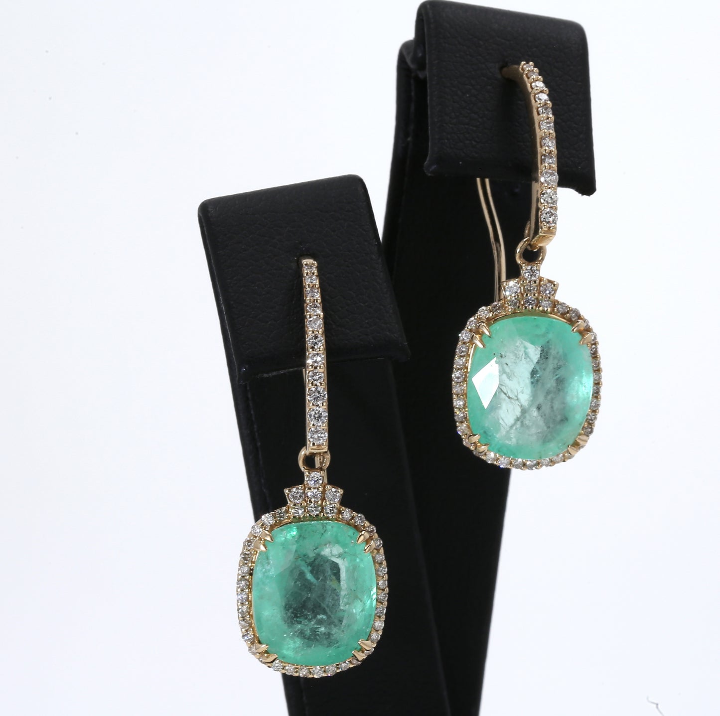 Colombian Emerald Earrings (1 pair): 12.5 ct tw Emeralds, 1.4 ct tw Diamonds, 14K Yellow Gold