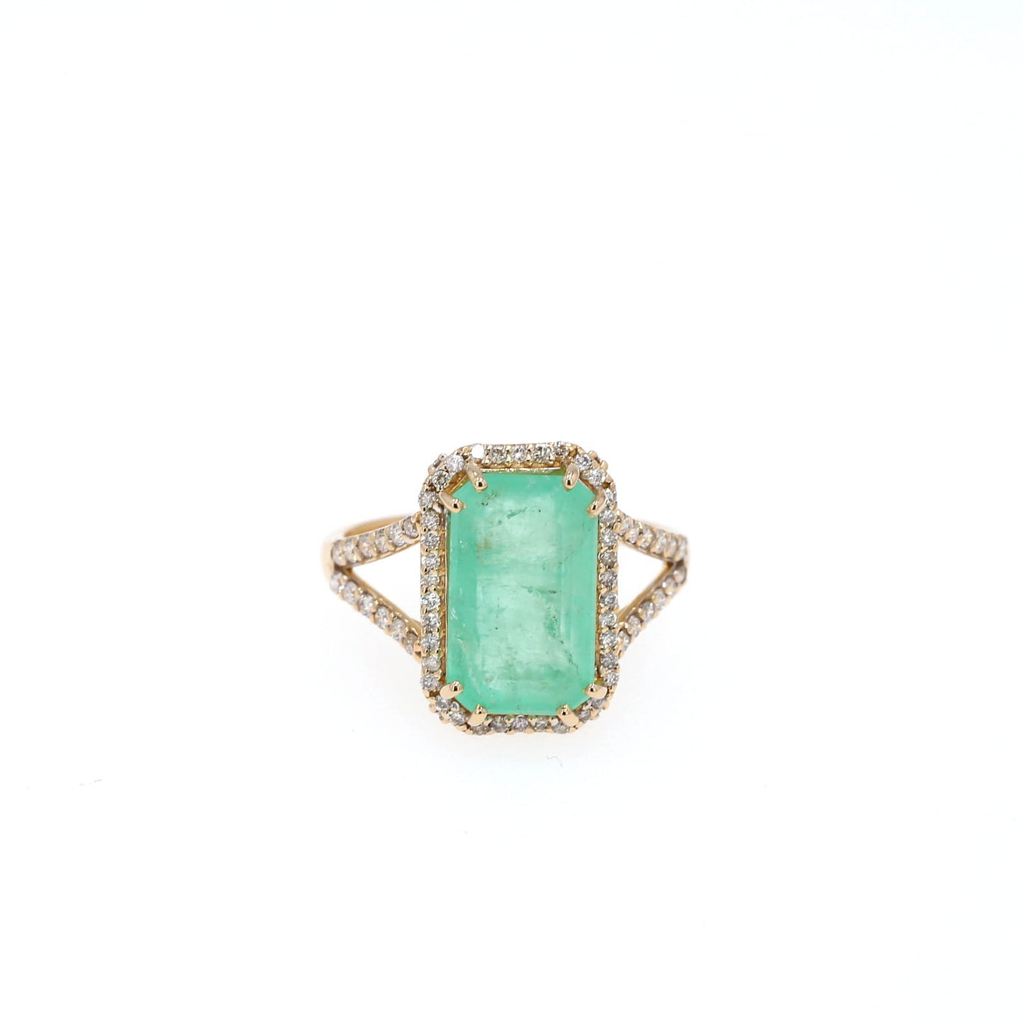 Colombian Emerald Ring: 5.35 ct tw Emeralds, 0.74 ct tw Diamonds, 14K Yellow Gold