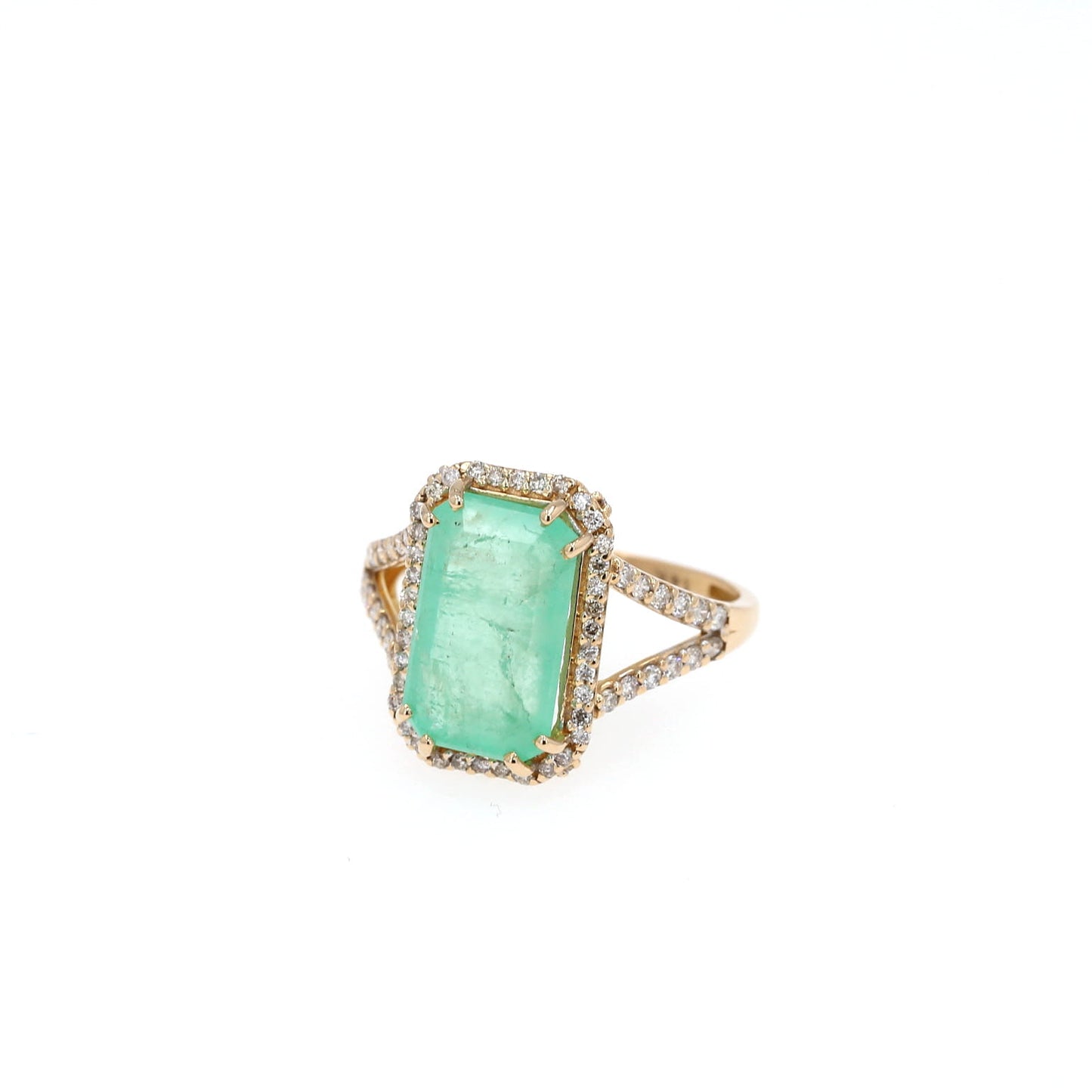 Colombian Emerald Ring: 5.35 ct tw Emeralds, 0.74 ct tw Diamonds, 14K Yellow Gold