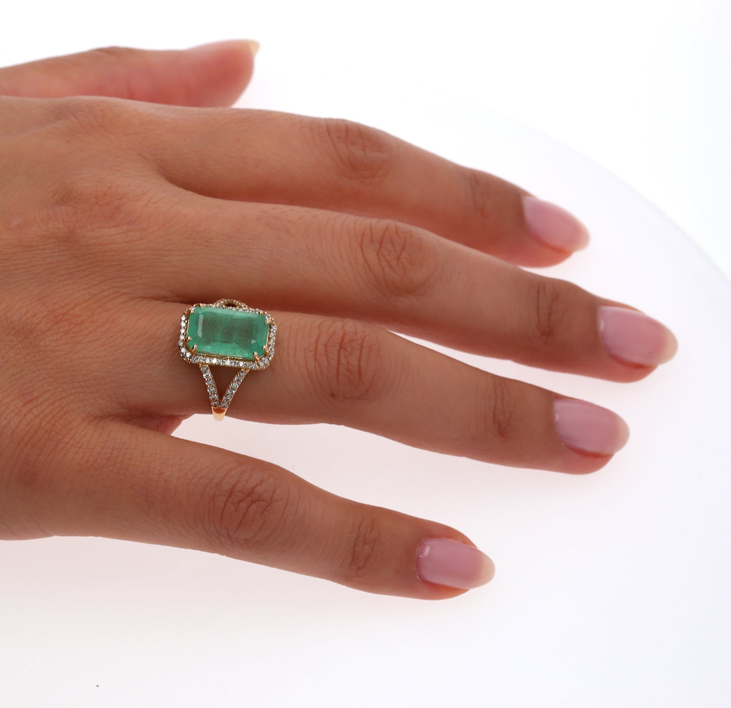 Colombian Emerald Ring: 5.35 ct tw Emeralds, 0.74 ct tw Diamonds, 14K Yellow Gold