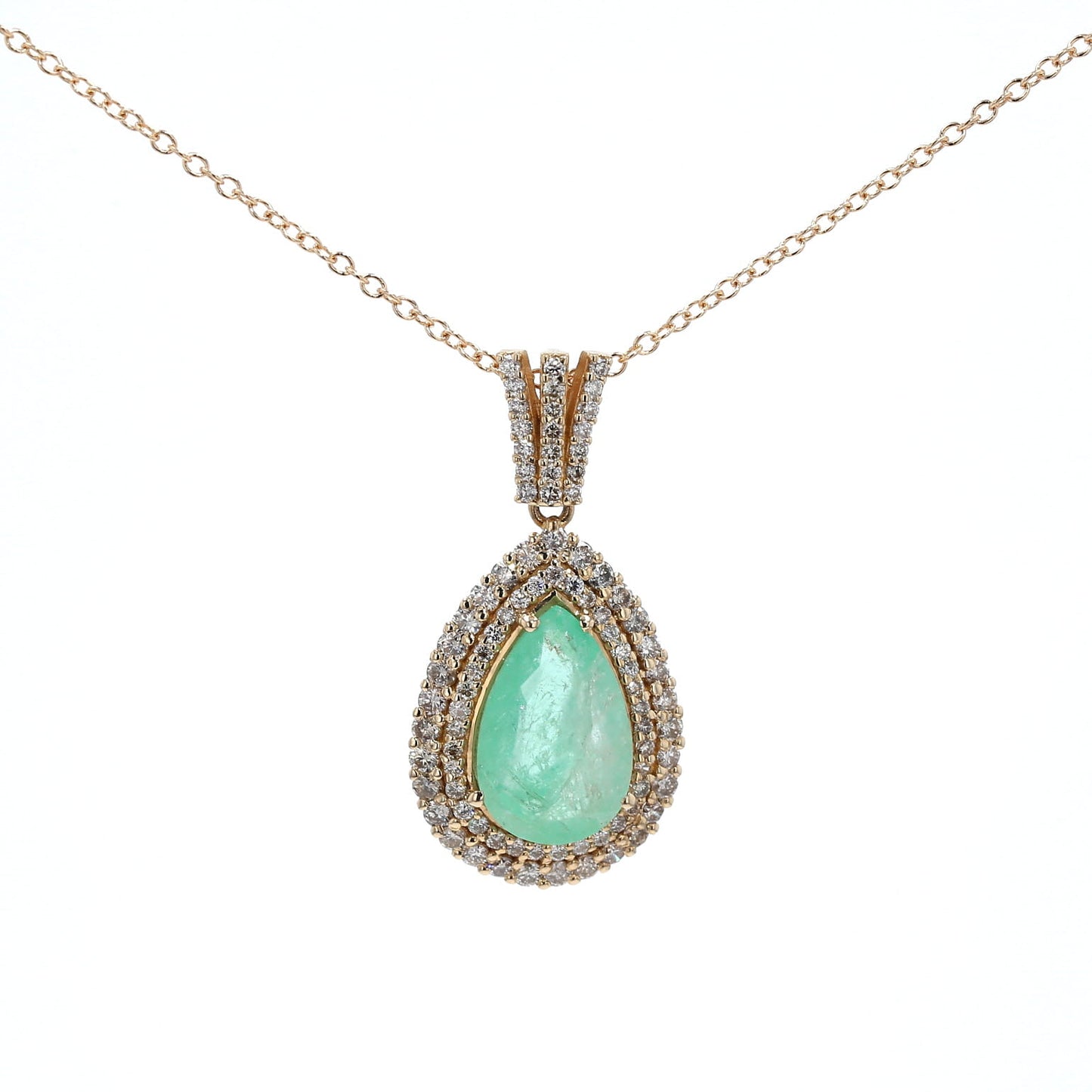 Colombian Emerald Pendant: 3.67 ct tw Emeralds, 1.18 ct tw Diamonds, 14K Yellow Gold