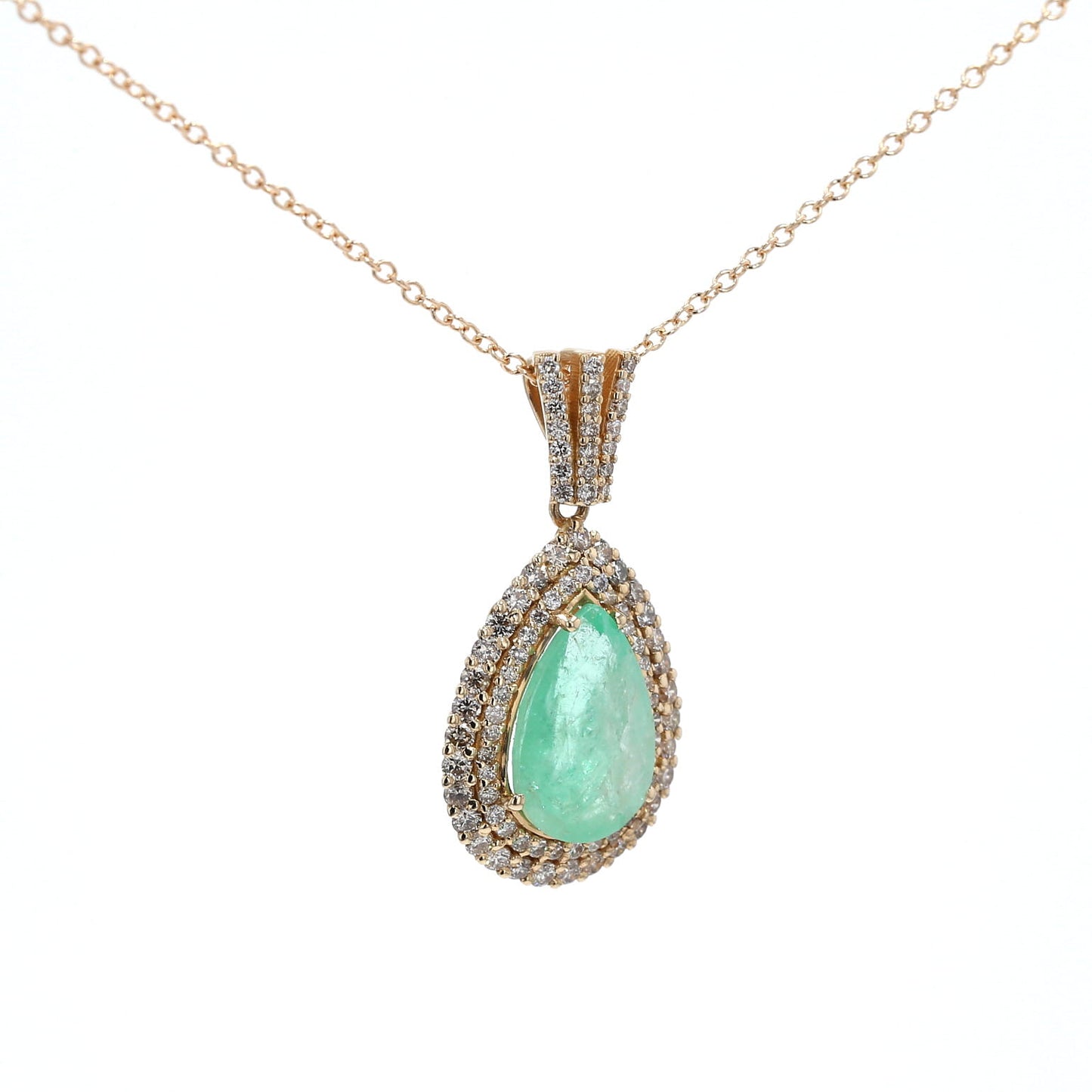 Colombian Emerald Pendant: 3.67 ct tw Emeralds, 1.18 ct tw Diamonds, 14K Yellow Gold