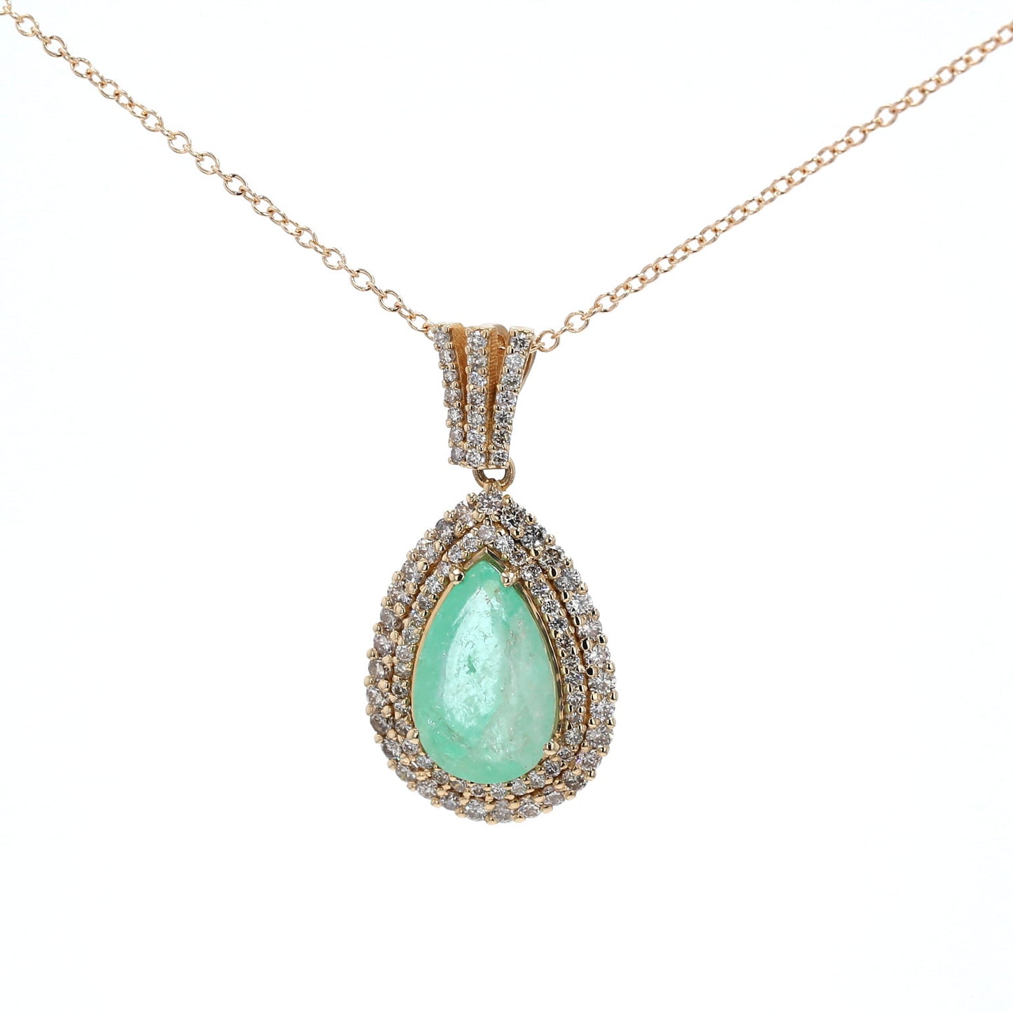 Colombian Emerald Pendant: 3.67 ct tw Emeralds, 1.18 ct tw Diamonds, 14K Yellow Gold