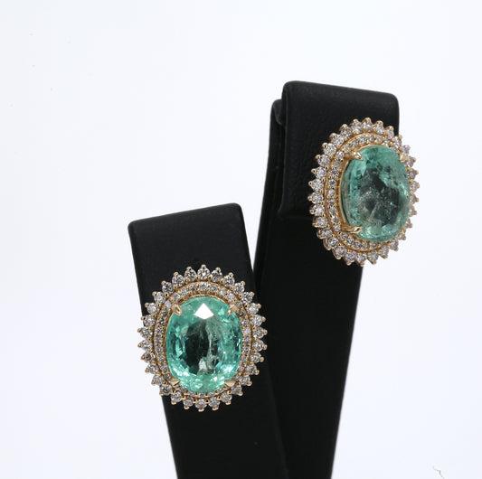 Colombian Emerald Earrings (1 pair): 9.83 ct tw Emeralds, 1.2 ct tw Diamonds, 14K Yellow Gold