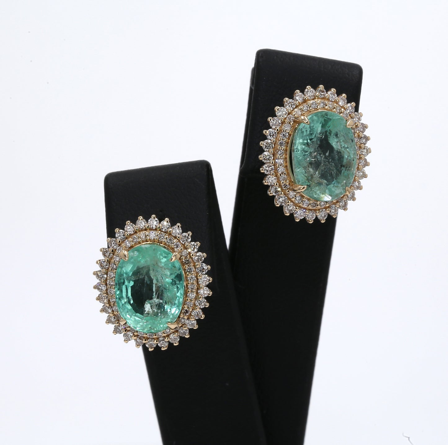 Colombian Emerald Earrings (1 pair): 9.83 ct tw Emeralds, 1.2 ct tw Diamonds, 14K Yellow Gold