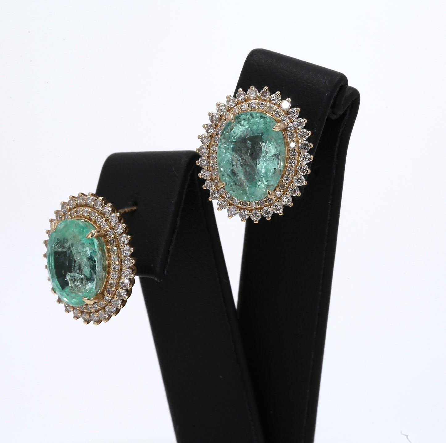 Colombian Emerald Earrings (1 pair): 9.83 ct tw Emeralds, 1.2 ct tw Diamonds, 14K Yellow Gold