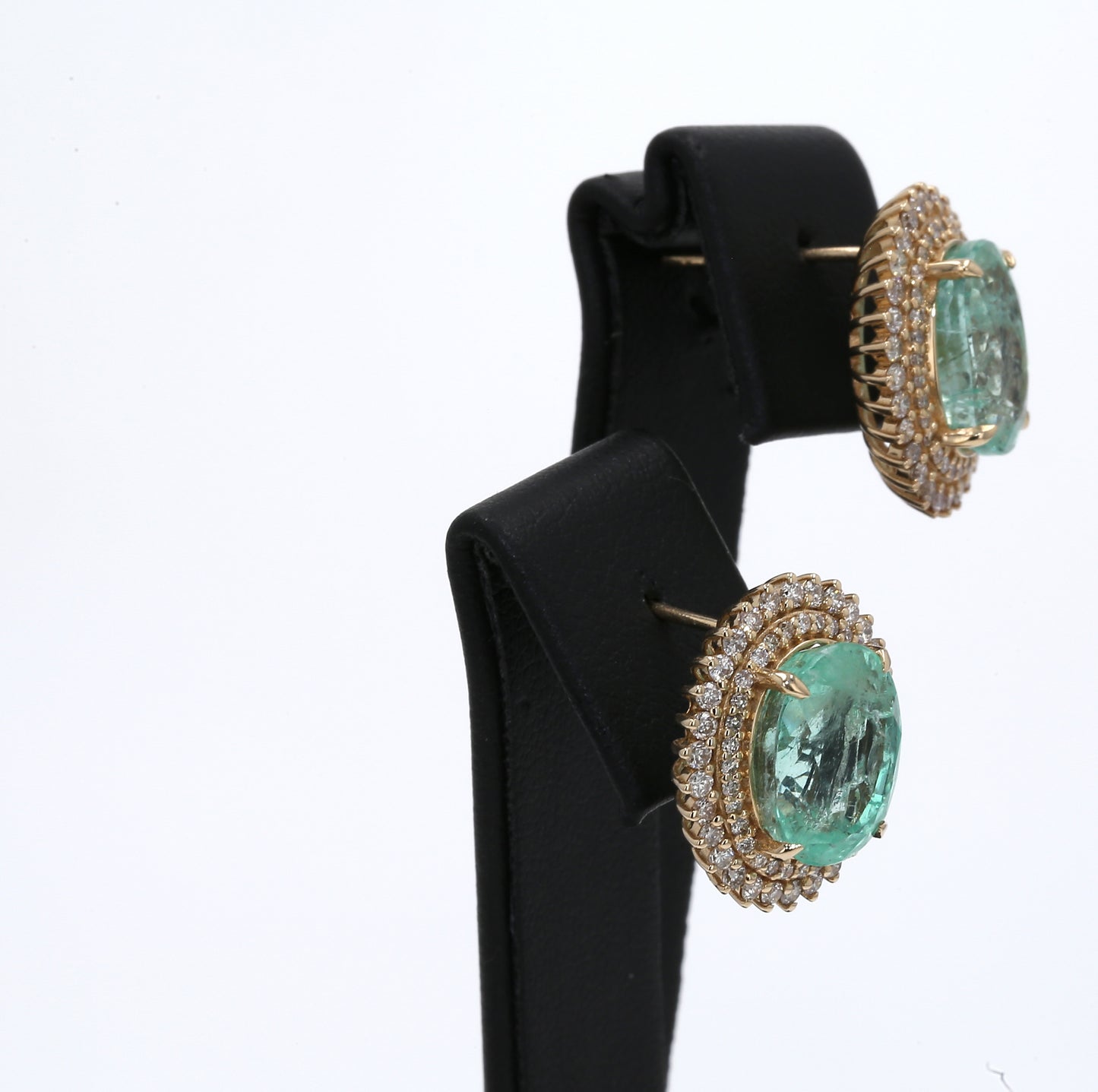 Colombian Emerald Earrings (1 pair): 9.83 ct tw Emeralds, 1.2 ct tw Diamonds, 14K Yellow Gold