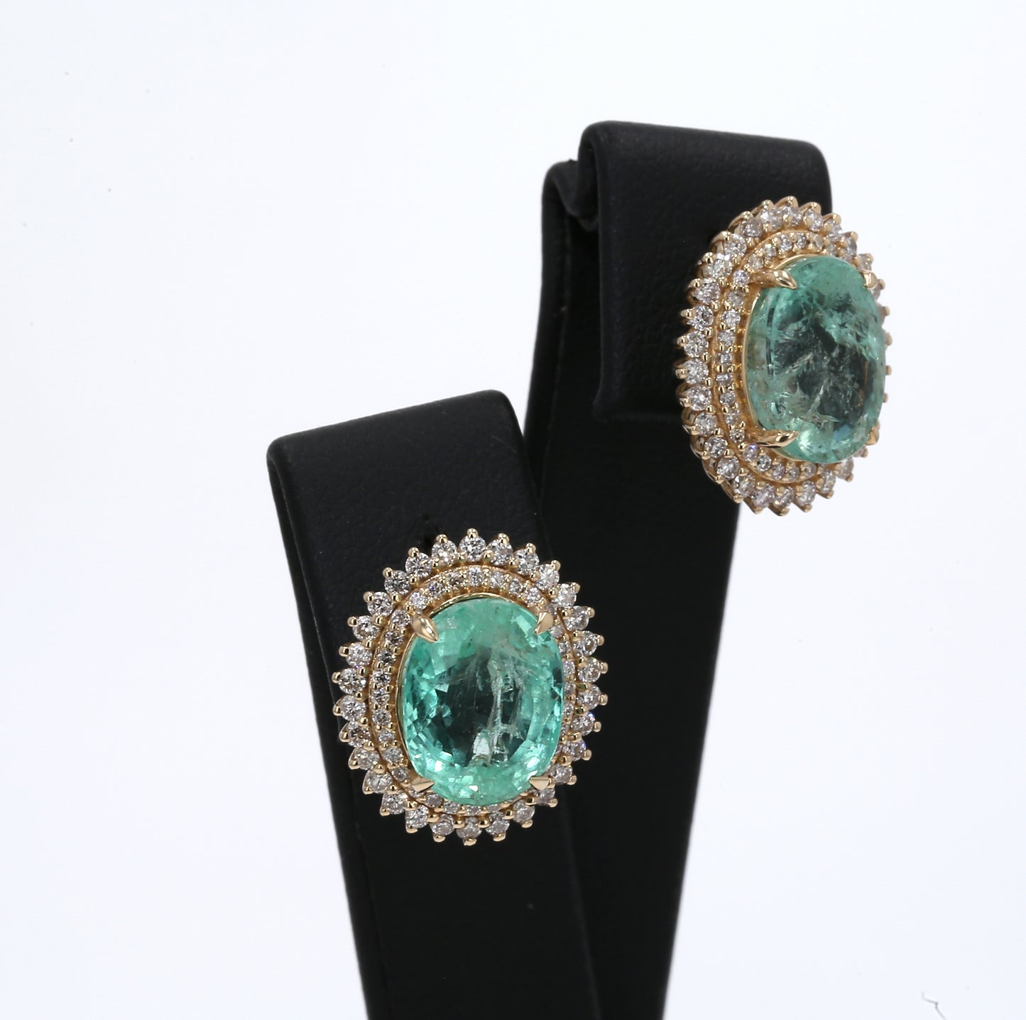 Colombian Emerald Earrings (1 pair): 9.83 ct tw Emeralds, 1.2 ct tw Diamonds, 14K Yellow Gold