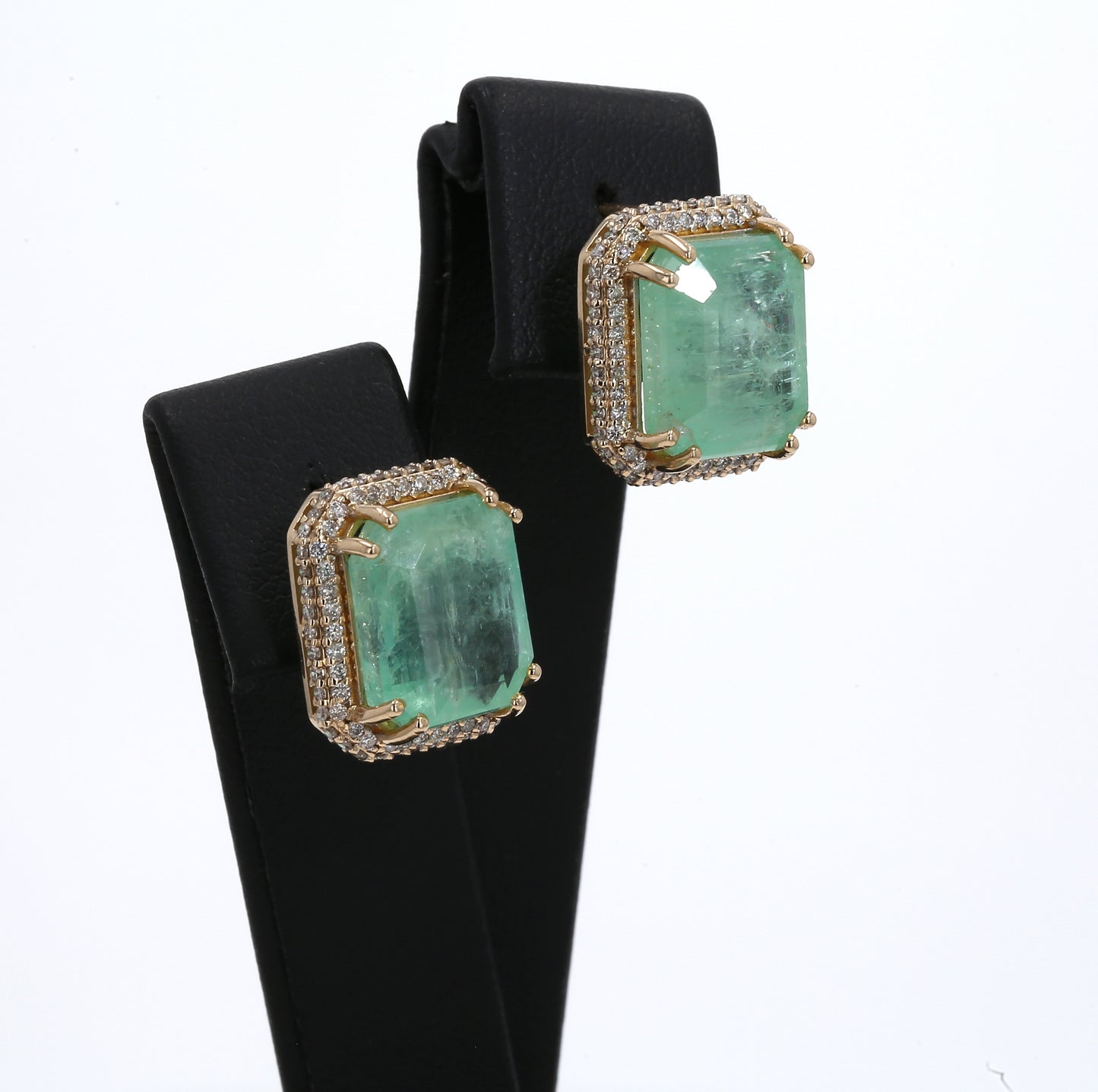 Colombian Emerald Earrings (1 pair): 15.3 ct tw Emeralds, 1.18 ct tw Diamonds, 14K Yellow Gold