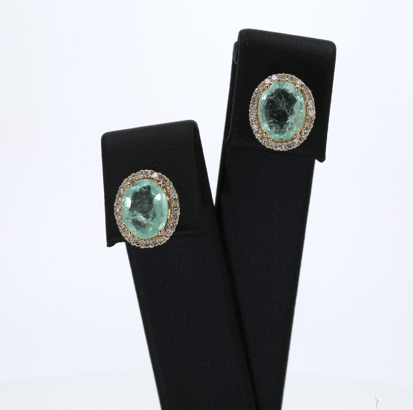 Colombian Emerald Earrings (1 pair): 3.75 ct tw Emeralds, 0.48 ct tw Diamonds, 14K Yellow Gold