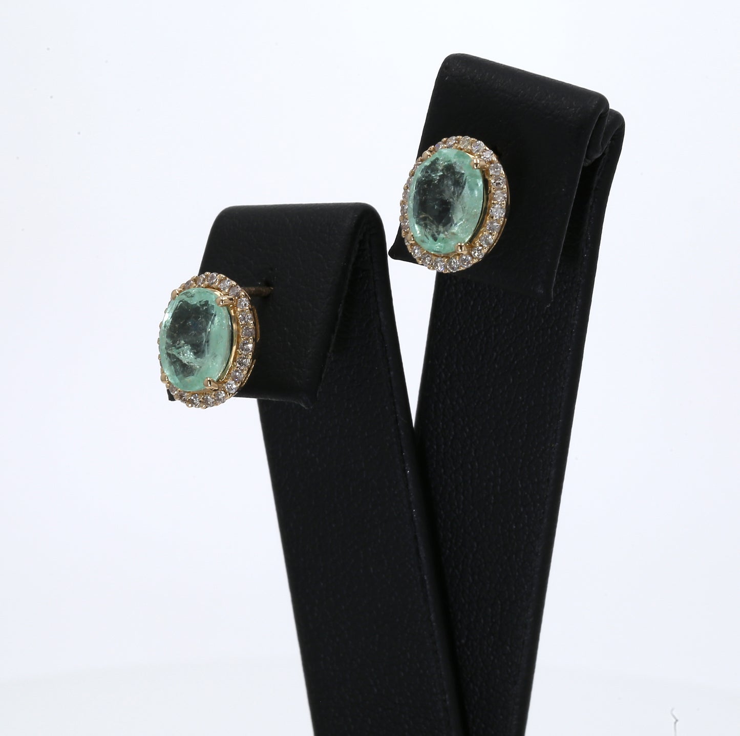 Colombian Emerald Earrings (1 pair): 3.75 ct tw Emeralds, 0.48 ct tw Diamonds, 14K Yellow Gold