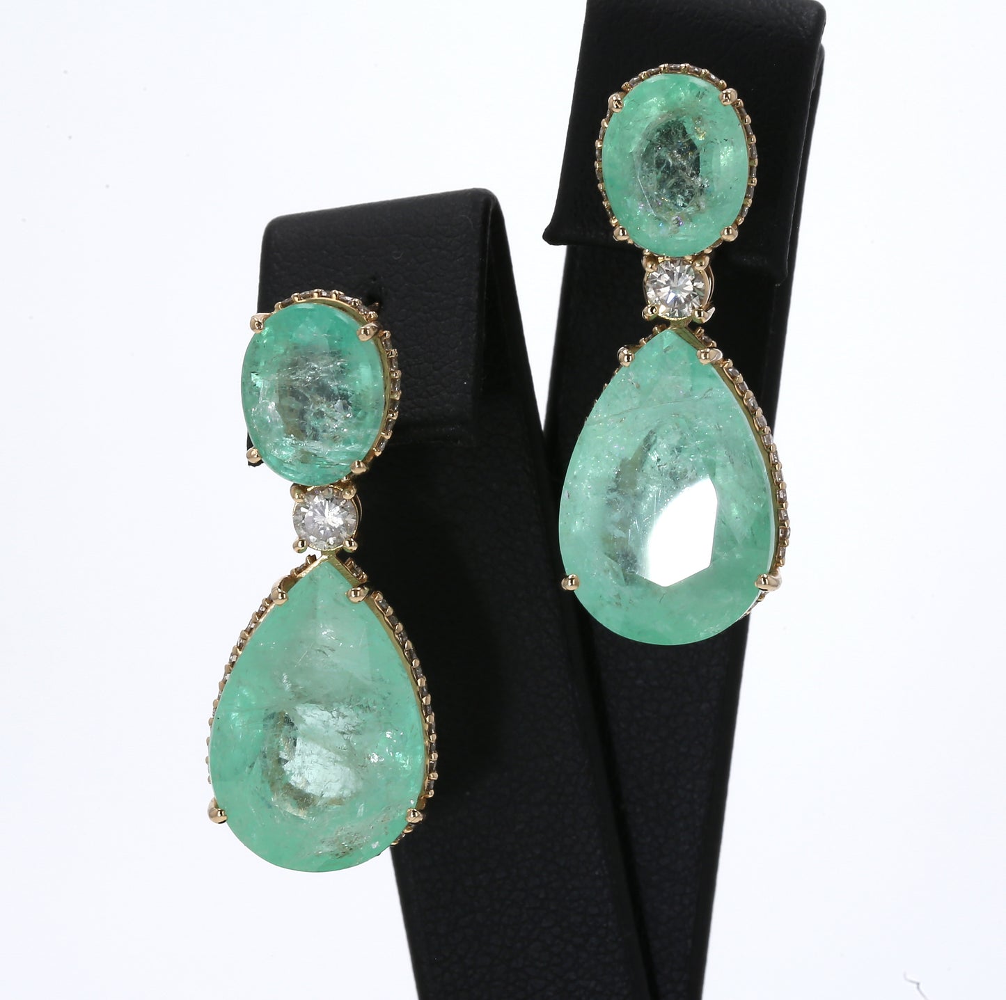 Colombian Emerald Earrings (1 pair): 37.92 ct tw Emeralds, 1.66 ct tw Diamonds, 14K Yellow Gold