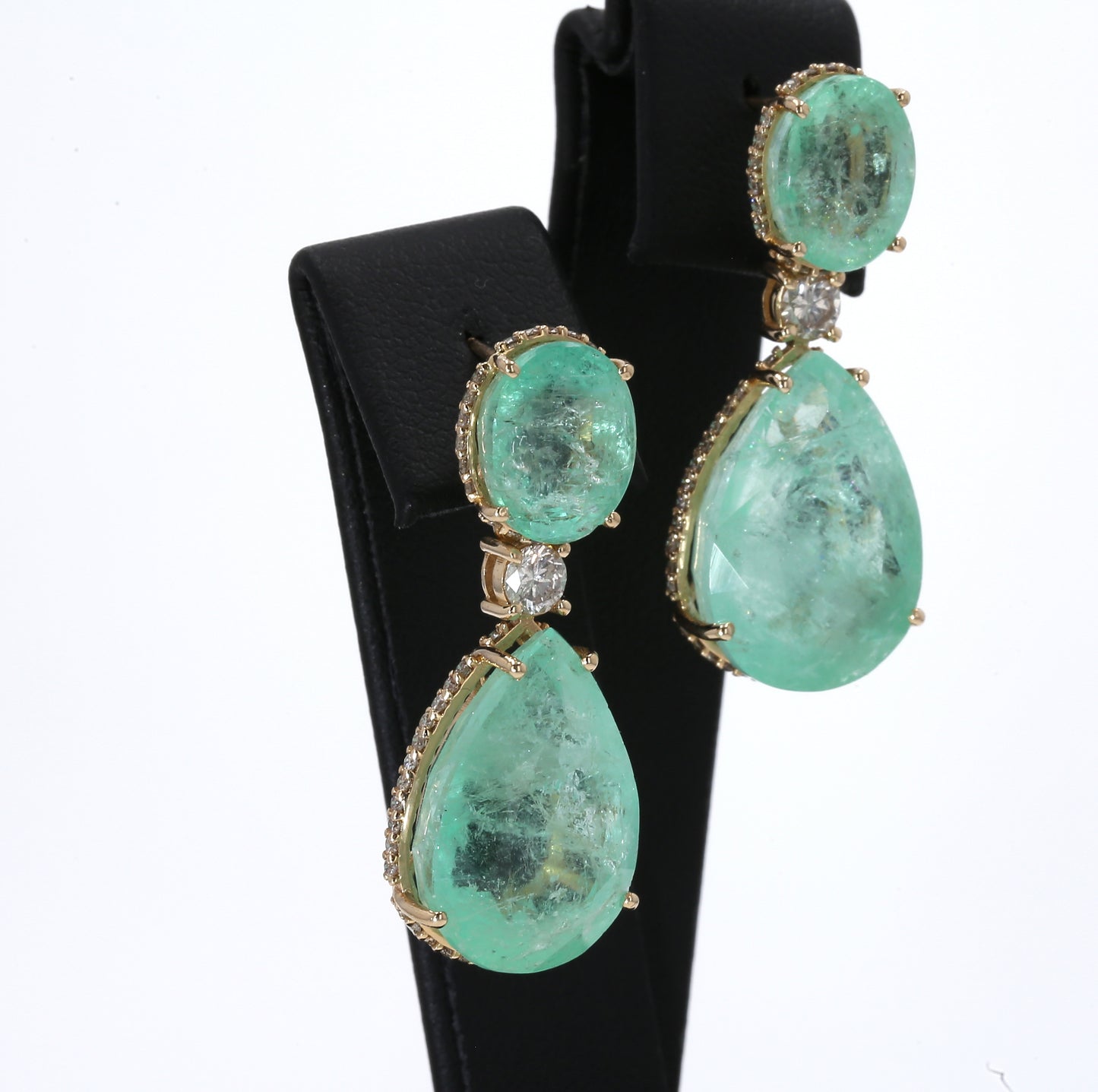 Colombian Emerald Earrings (1 pair): 37.92 ct tw Emeralds, 1.66 ct tw Diamonds, 14K Yellow Gold