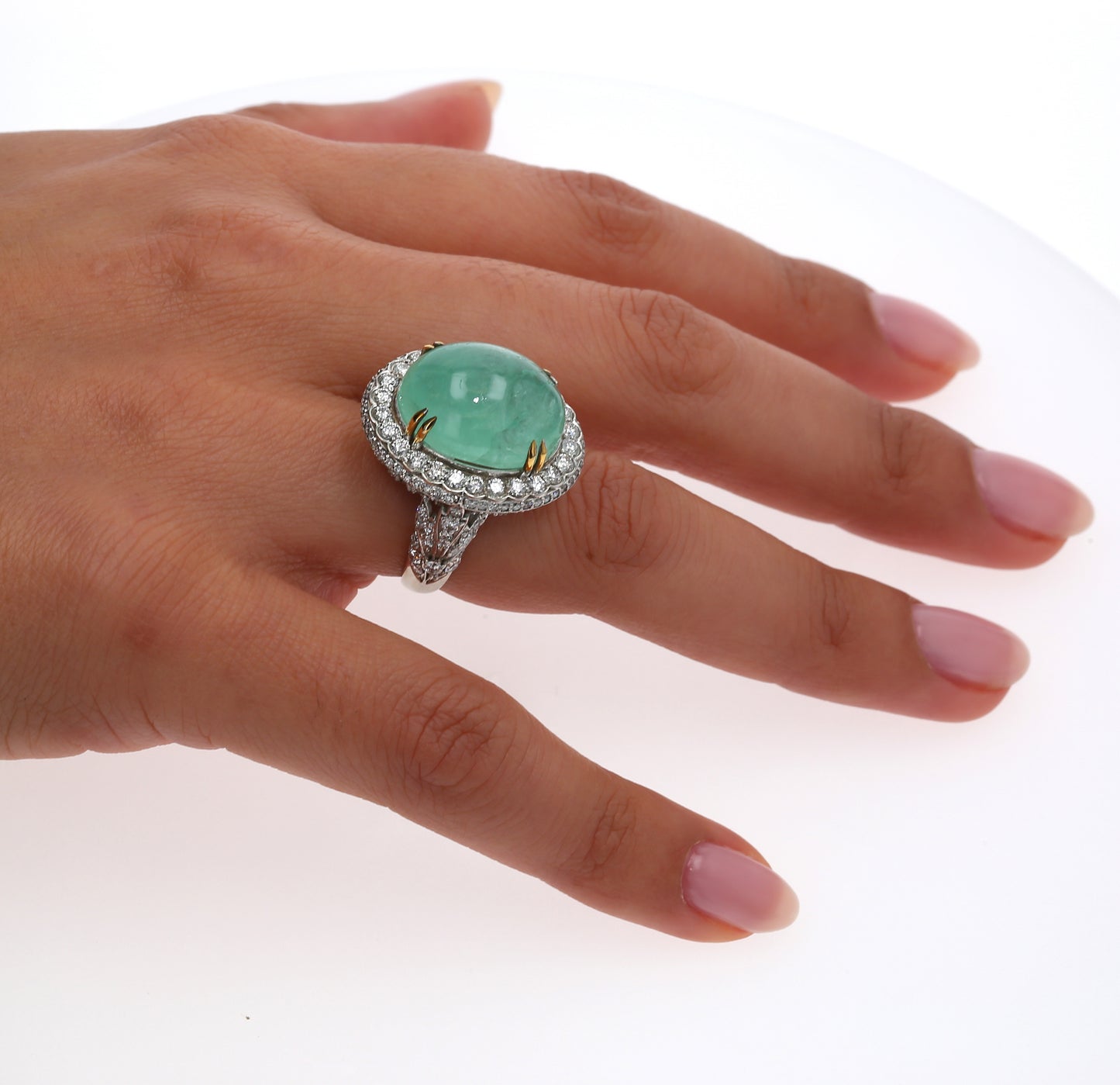 Colombian Emerald Ring: 18.0 ct tw Emeralds, 3.75 ct tw Diamonds, 14K White Gold