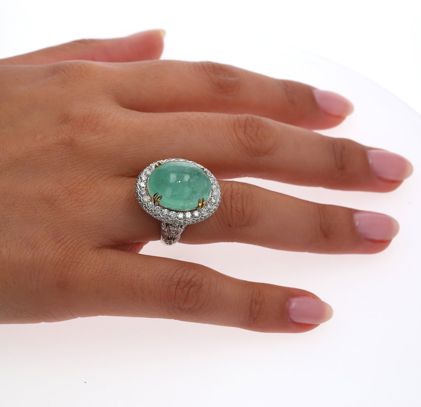 Colombian Emerald Ring: 18.0 ct tw Emeralds, 3.75 ct tw Diamonds, 14K White Gold