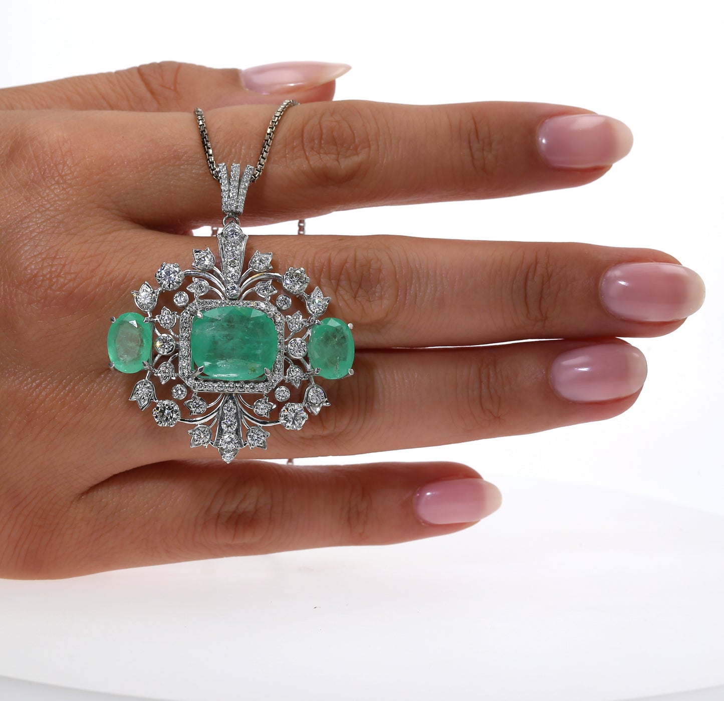 Colombian Emerald Pendant: 11.9 ct tw Emeralds, 2.95 ct tw Diamonds, 14K White Gold