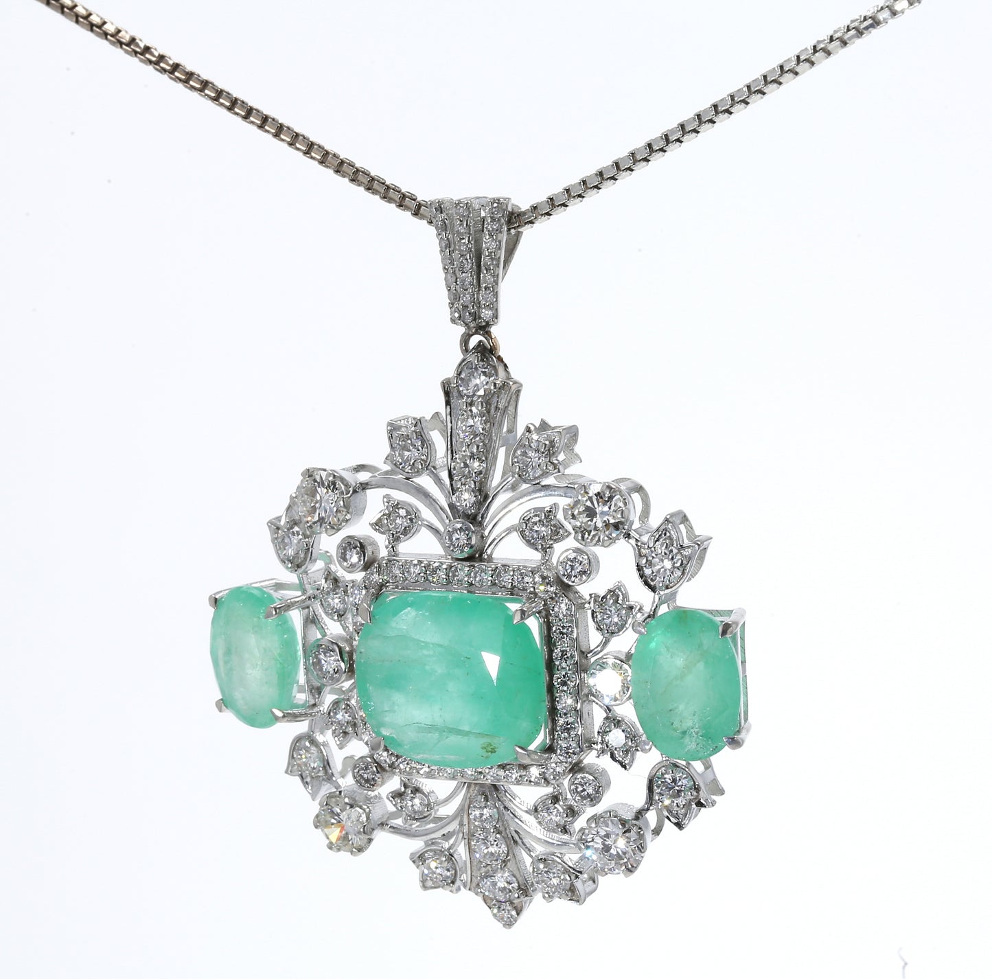 Colombian Emerald Pendant: 11.9 ct tw Emeralds, 2.95 ct tw Diamonds, 14K White Gold