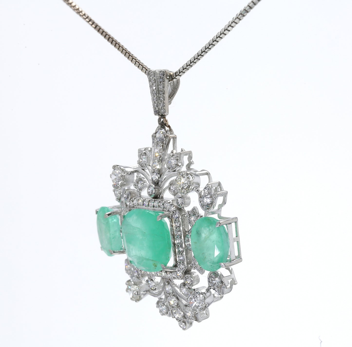 Colombian Emerald Pendant: 11.9 ct tw Emeralds, 2.95 ct tw Diamonds, 14K White Gold