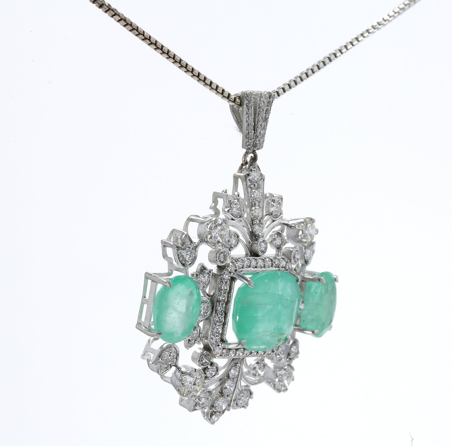 Colombian Emerald Pendant: 11.9 ct tw Emeralds, 2.95 ct tw Diamonds, 14K White Gold