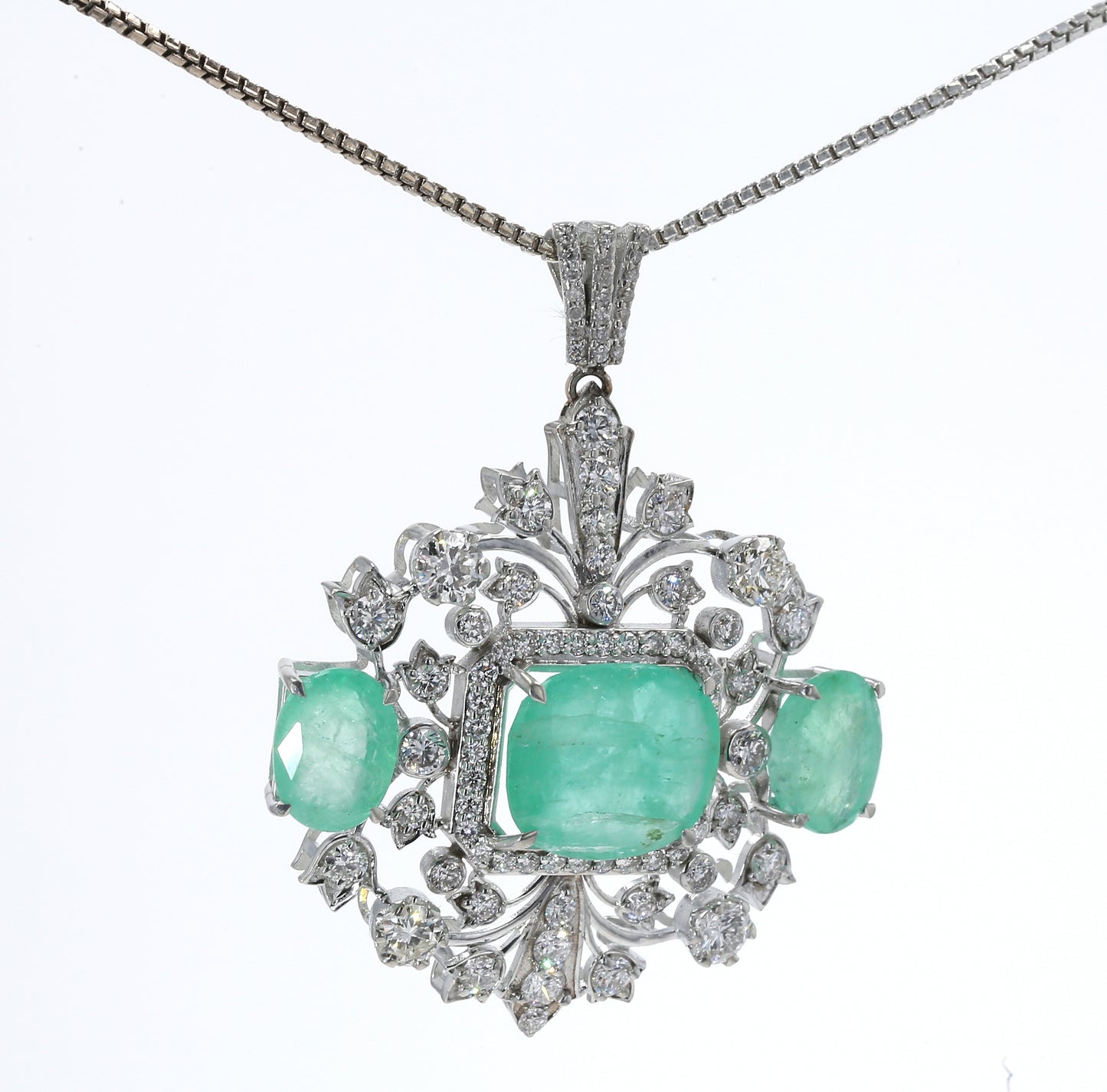 Colombian Emerald Pendant: 11.9 ct tw Emeralds, 2.95 ct tw Diamonds, 14K White Gold