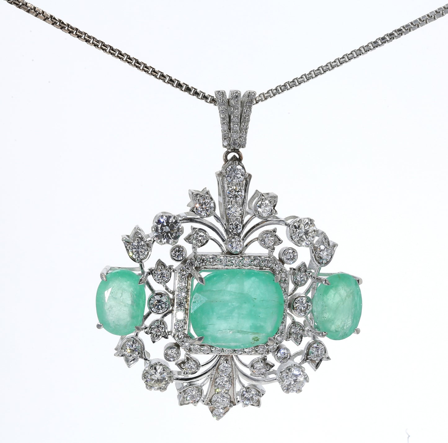 Colombian Emerald Pendant: 11.9 ct tw Emeralds, 2.95 ct tw Diamonds, 14K White Gold