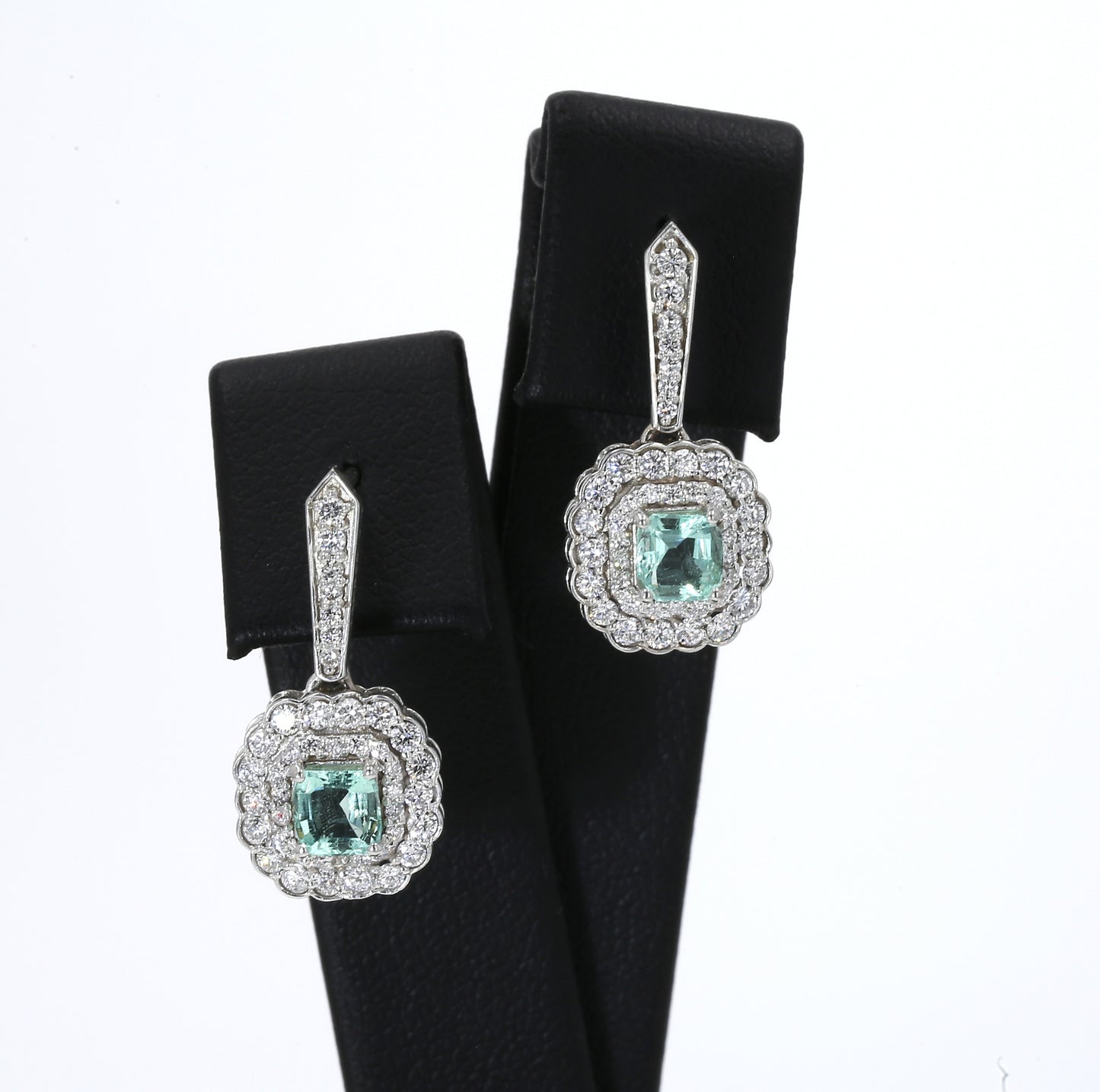 Colombian Emerald Earrings (1 pair): 1.10 ct tw Emeralds, 1.9 ct tw Diamonds, 14K White Gold