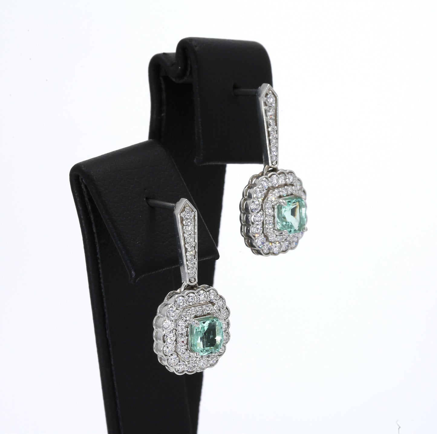 Colombian Emerald Earrings (1 pair): 1.10 ct tw Emeralds, 1.9 ct tw Diamonds, 14K White Gold