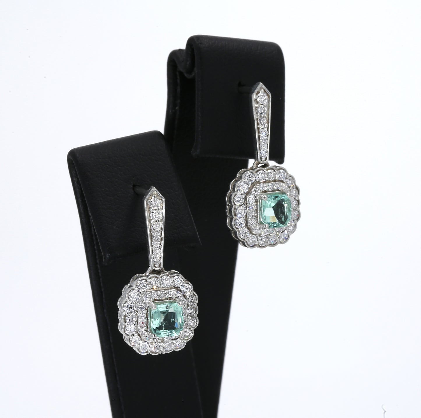 Colombian Emerald Earrings (1 pair): 1.10 ct tw Emeralds, 1.9 ct tw Diamonds, 14K White Gold