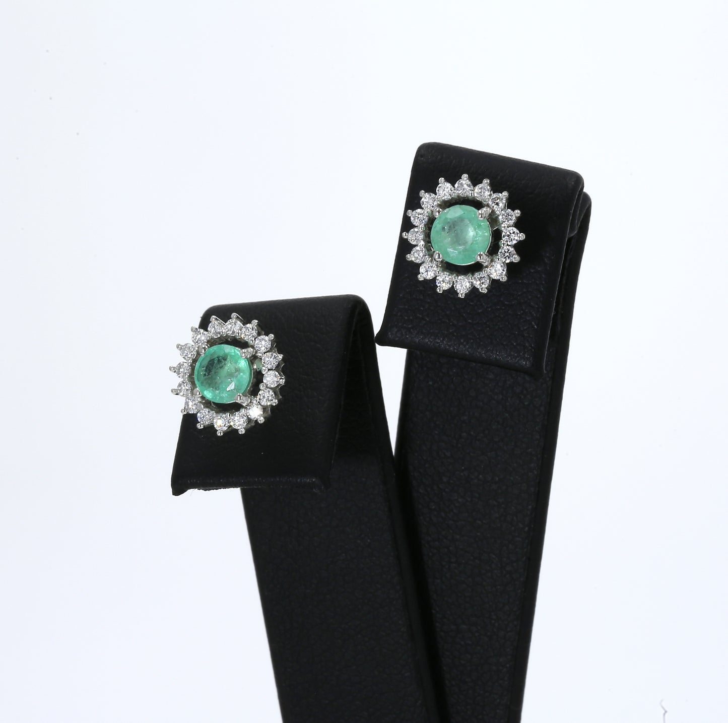 Colombian Emerald Earrings (1 pair): 1.10 ct tw Emeralds, 0.95 ct tw Diamonds, 14K White Gold