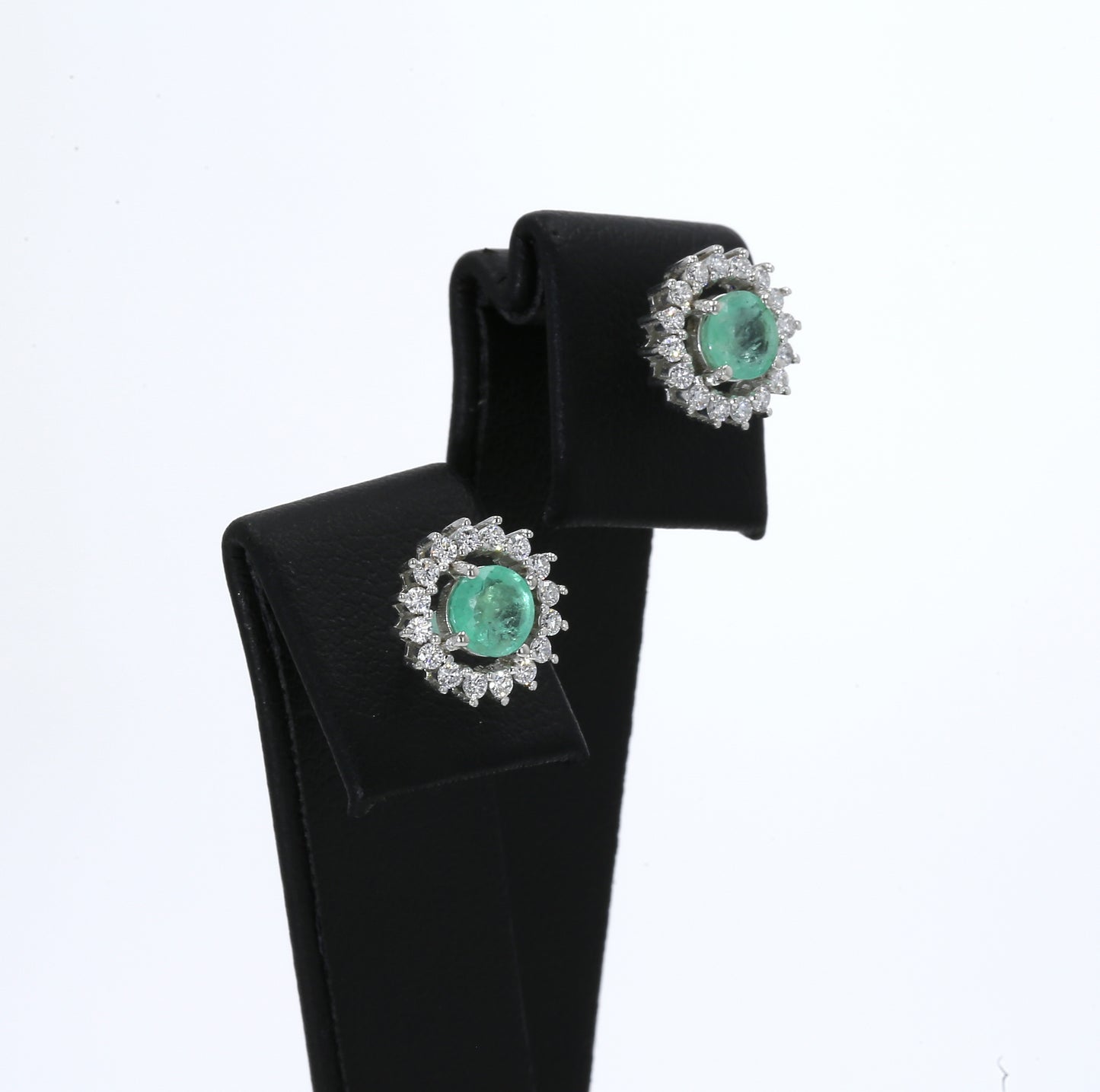 Colombian Emerald Earrings (1 pair): 1.10 ct tw Emeralds, 0.95 ct tw Diamonds, 14K White Gold