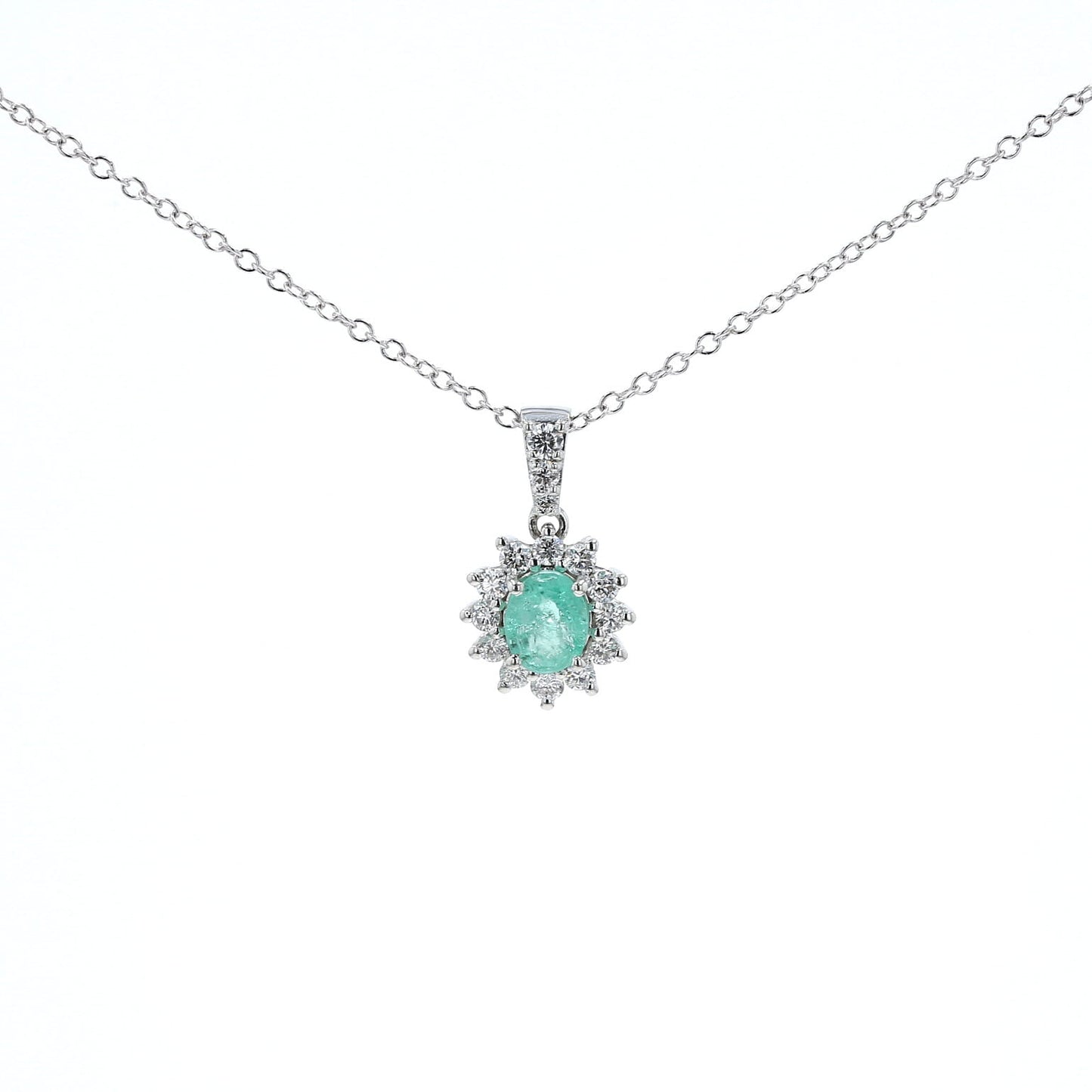 Colombian Emerald Pendant: 1.30 ct tw Emeralds, 0.47 ct tw Diamonds, 14K White Gold