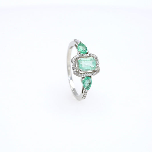 Colombian Emerald Ring: 1.30 ct tw Emeralds, 0.7 ct tw Diamonds, 14K White Gold