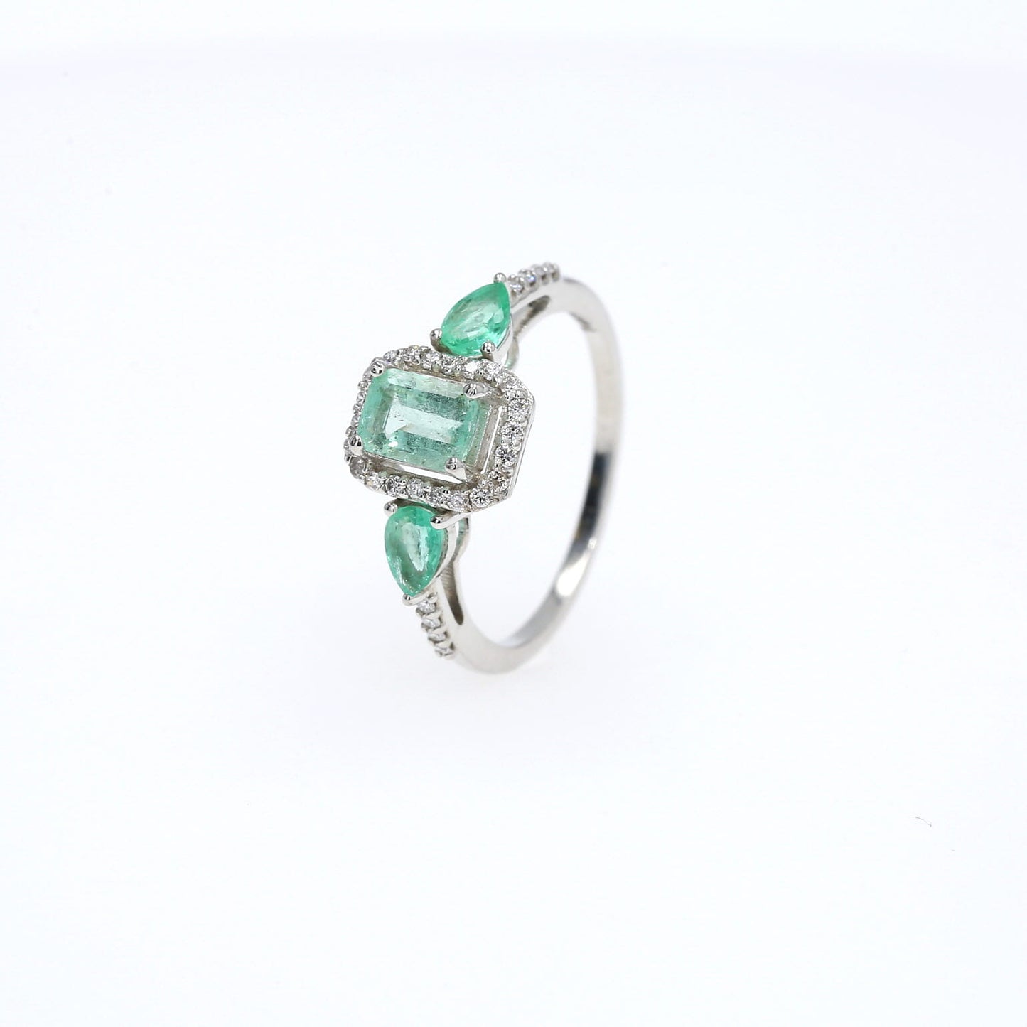 Colombian Emerald Ring: 1.30 ct tw Emeralds, 0.7 ct tw Diamonds, 14K White Gold