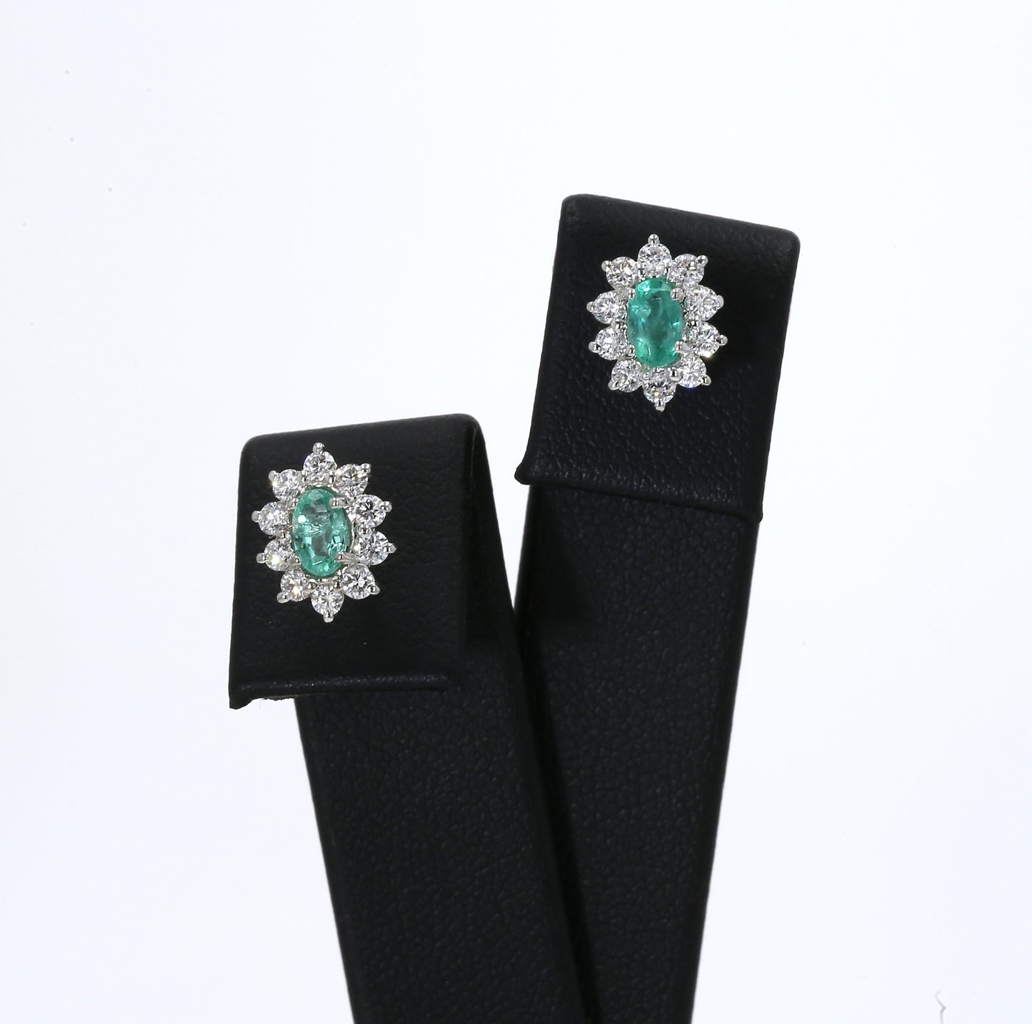 Colombian Emerald Earrings (1 pair): 1.40 ct tw Emeralds, 0.8 ct tw Diamonds, 14K White Gold