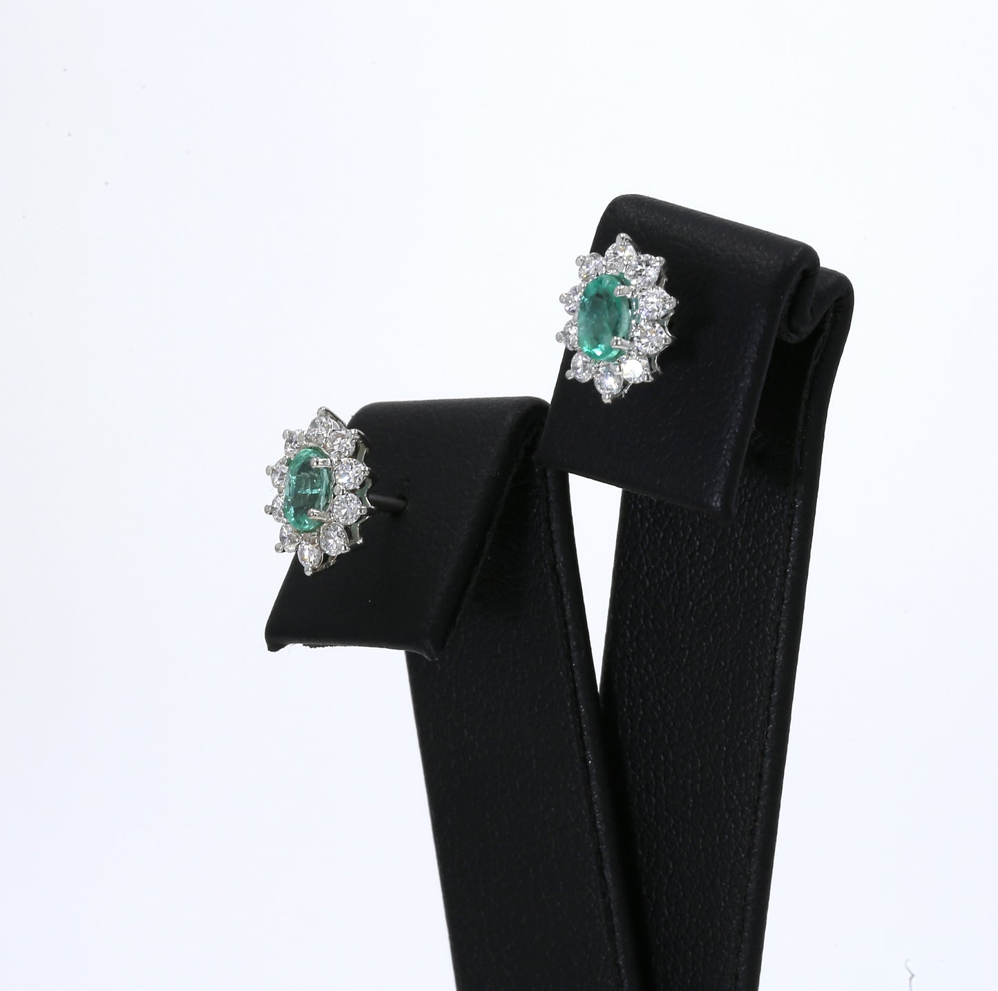 Colombian Emerald Earrings (1 pair): 1.40 ct tw Emeralds, 0.8 ct tw Diamonds, 14K White Gold