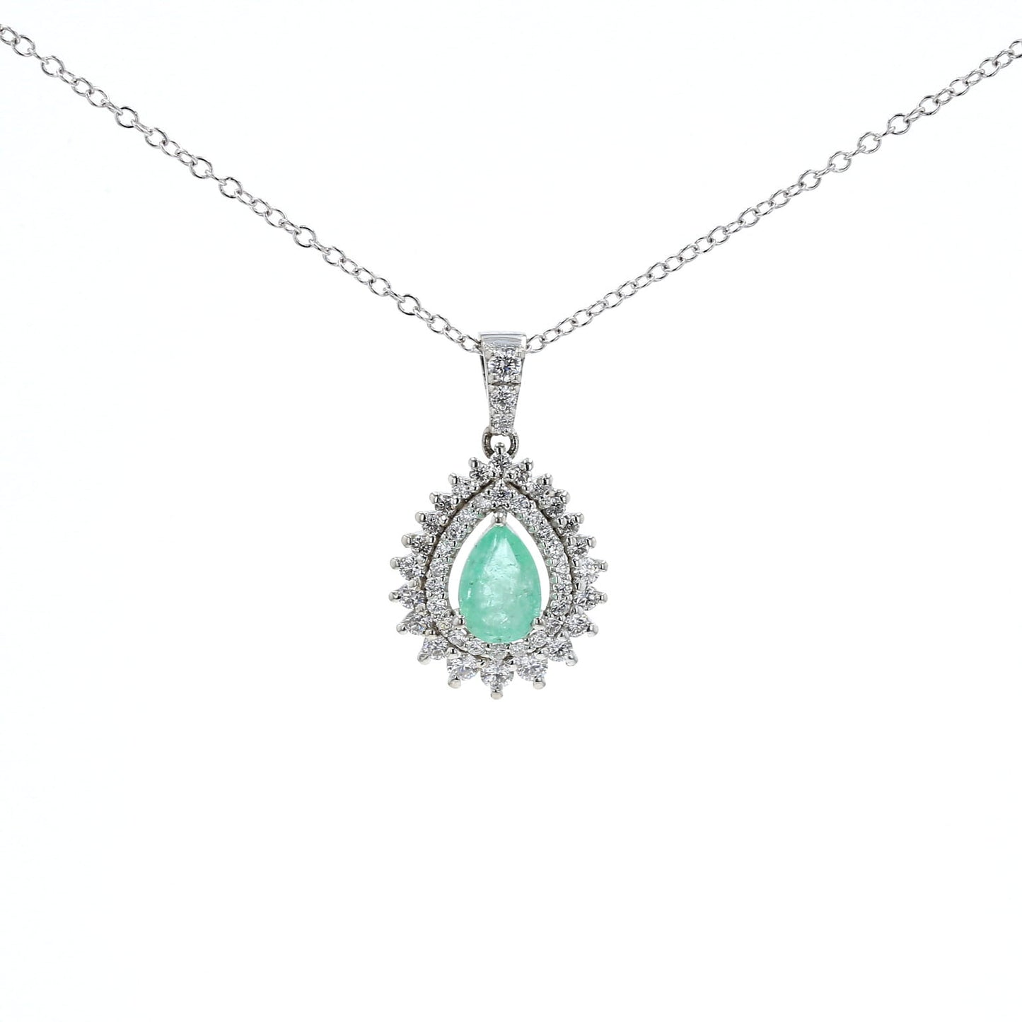 Colombian Emerald Pendant: 0.85 ct tw Emeralds, 1.60 ct tw Diamonds, 14K White Gold