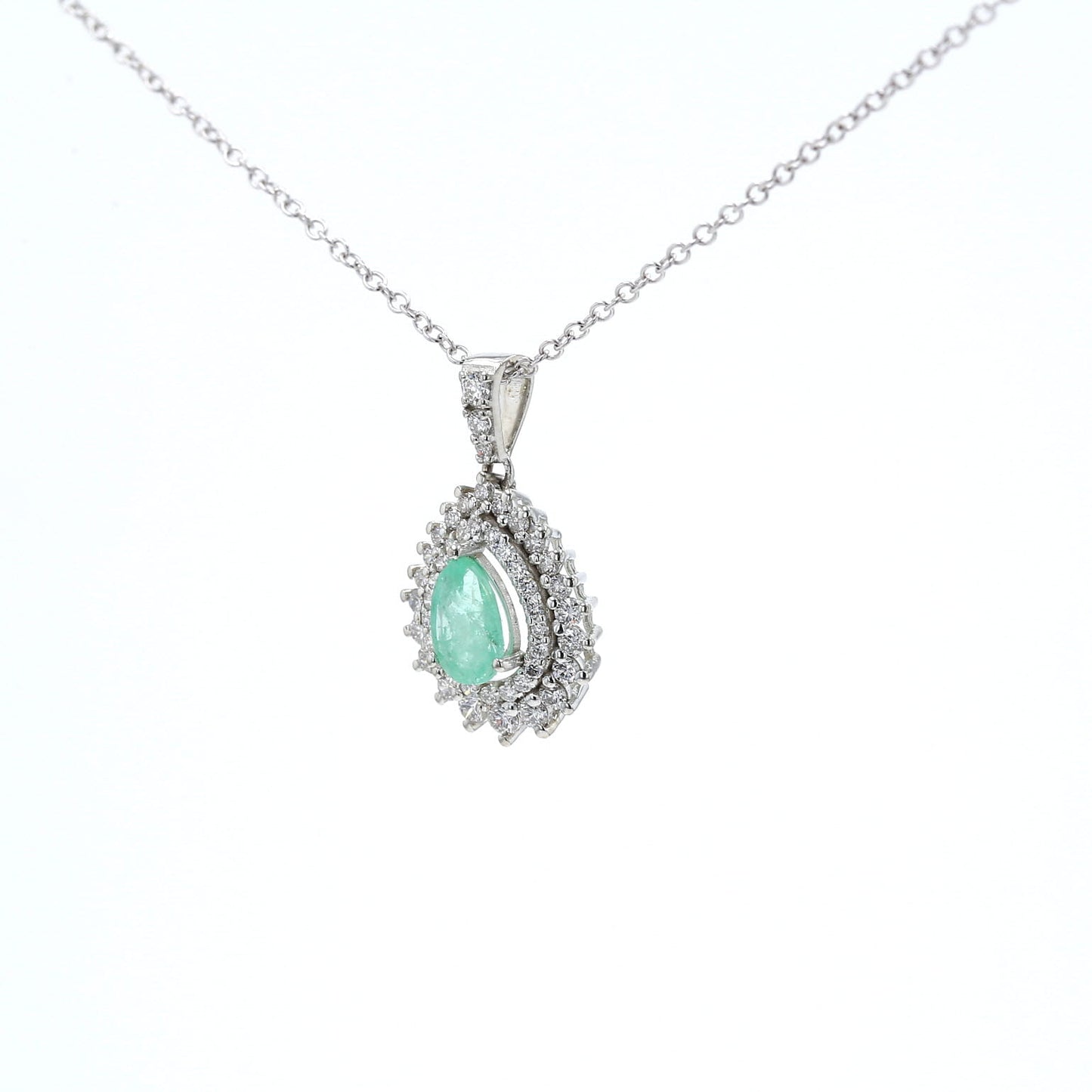 Colombian Emerald Pendant: 0.85 ct tw Emeralds, 1.60 ct tw Diamonds, 14K White Gold