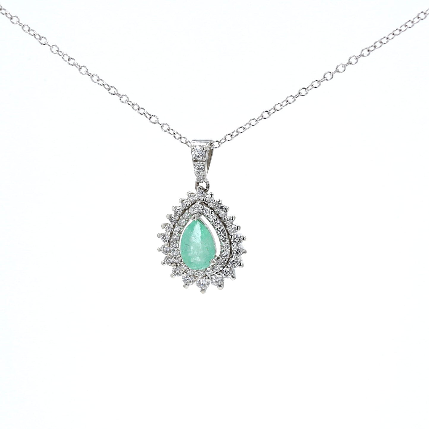 Colombian Emerald Pendant: 0.85 ct tw Emeralds, 1.60 ct tw Diamonds, 14K White Gold