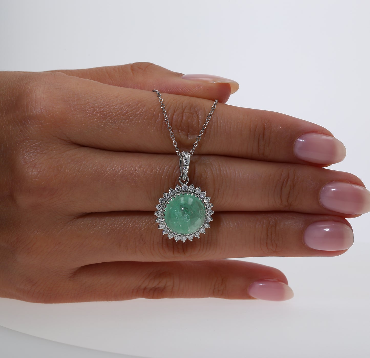 Colombian Emerald Pendant: 9.05 ct tw Emeralds, 1.10 ct tw Diamonds, 14K White Gold