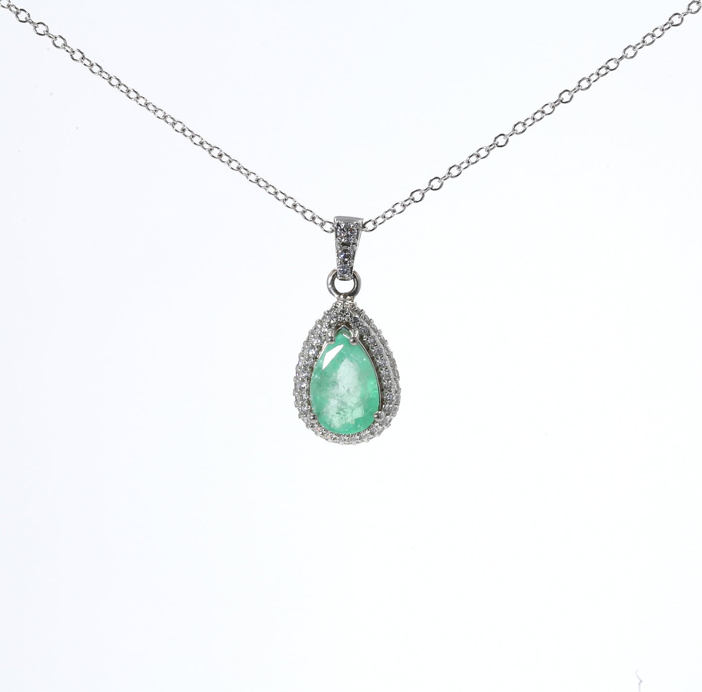 Colombian Emerald Pendant: 0.70 ct tw Emeralds, 0.70 ct tw Diamonds, 14K White Gold