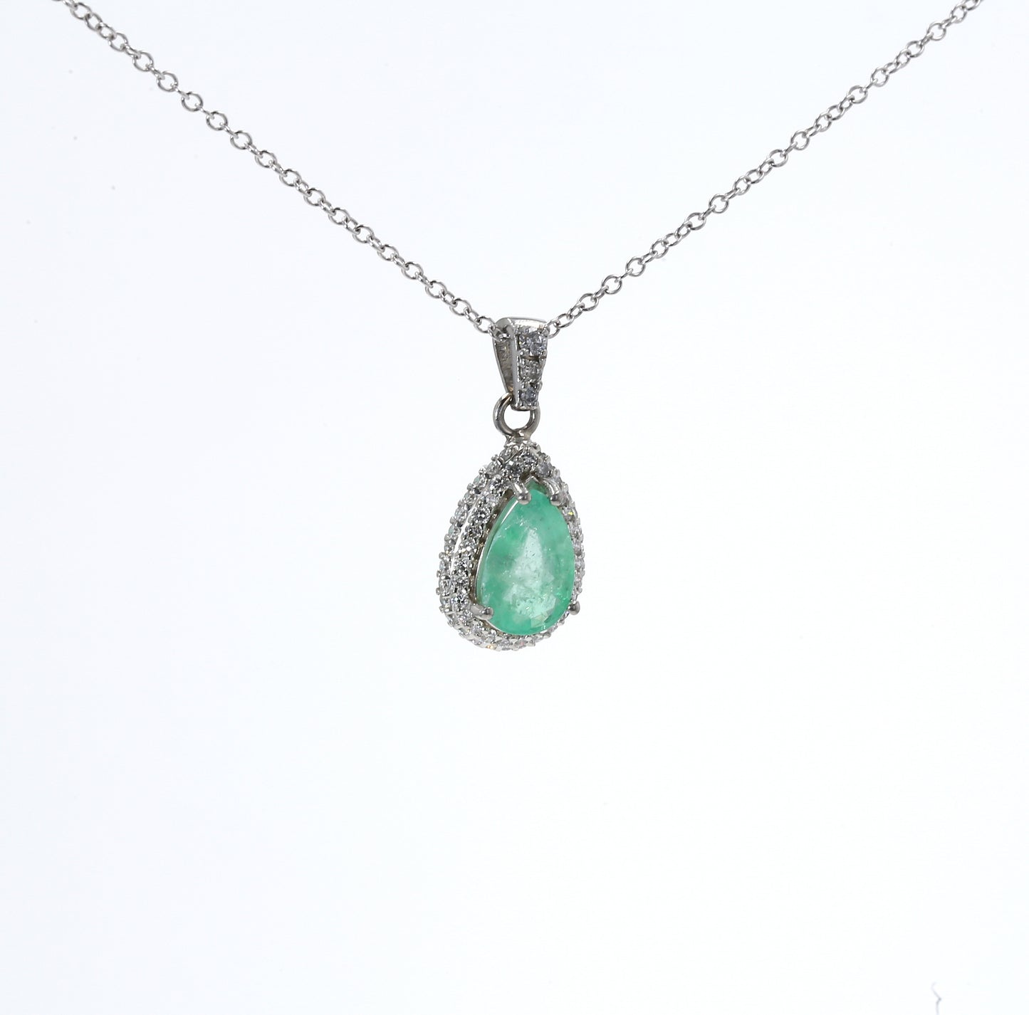 Colombian Emerald Pendant: 0.70 ct tw Emeralds, 0.70 ct tw Diamonds, 14K White Gold