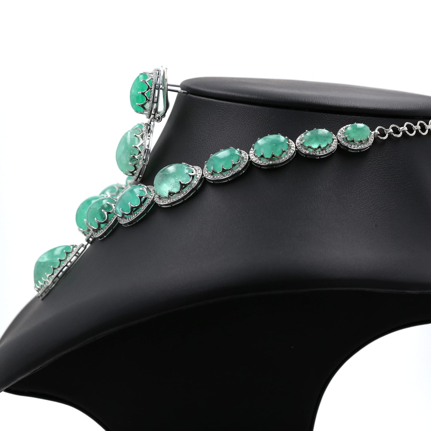 Colombian Emerald Necklace & Earrings: 188.75 ct tw Emeralds, 9.33 ct tw Diamonds, 14K White Gold