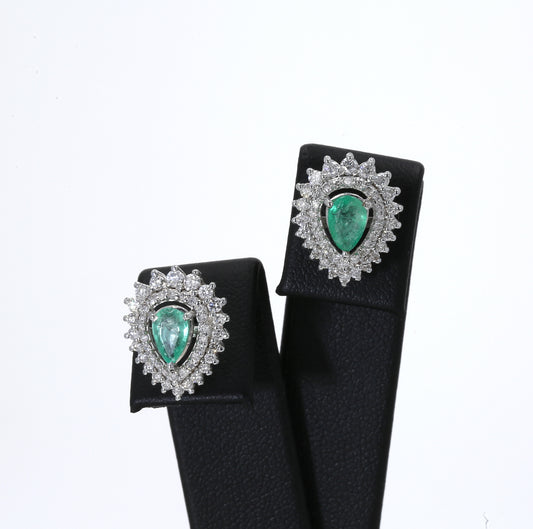 Colombian Emerald Earrings (1 pair): 0.95 ct tw Emeralds, 1.30 ct tw Diamonds, 14K White Gold