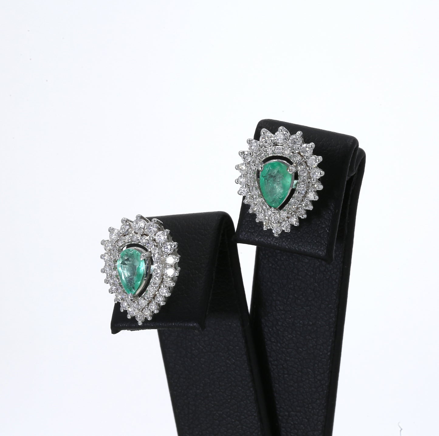 Colombian Emerald Earrings (1 pair): 0.95 ct tw Emeralds, 1.30 ct tw Diamonds, 14K White Gold