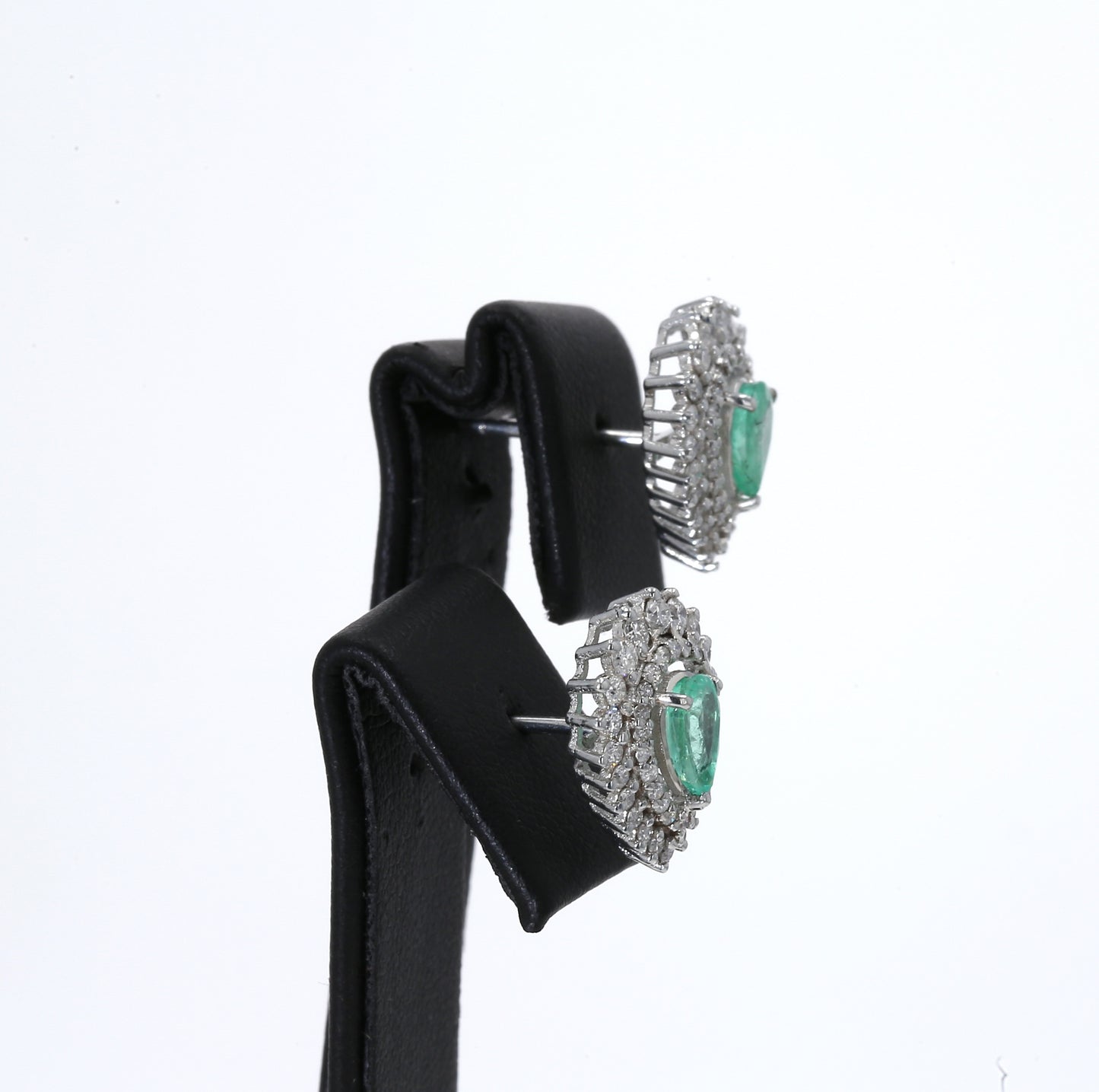 Colombian Emerald Earrings (1 pair): 0.95 ct tw Emeralds, 1.30 ct tw Diamonds, 14K White Gold